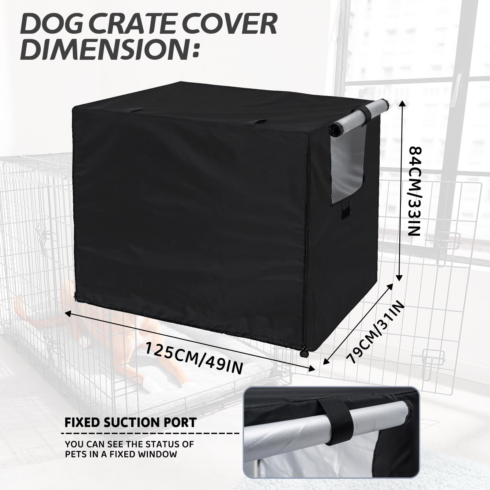 OUUTMEE Copertura per box per cani in poliestere 210D, impermeabile, con porta e finestra ventilata, 125LX79WX84H, impermeabile, protezione solare/blocco della luce, colore nero