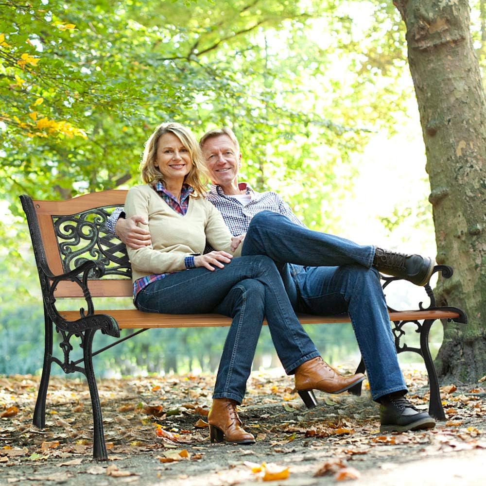 Long & Bright 49" Garden Bench Outdoor Patio Park Chair Furniture Hardwood Slats Cast Iron Frame