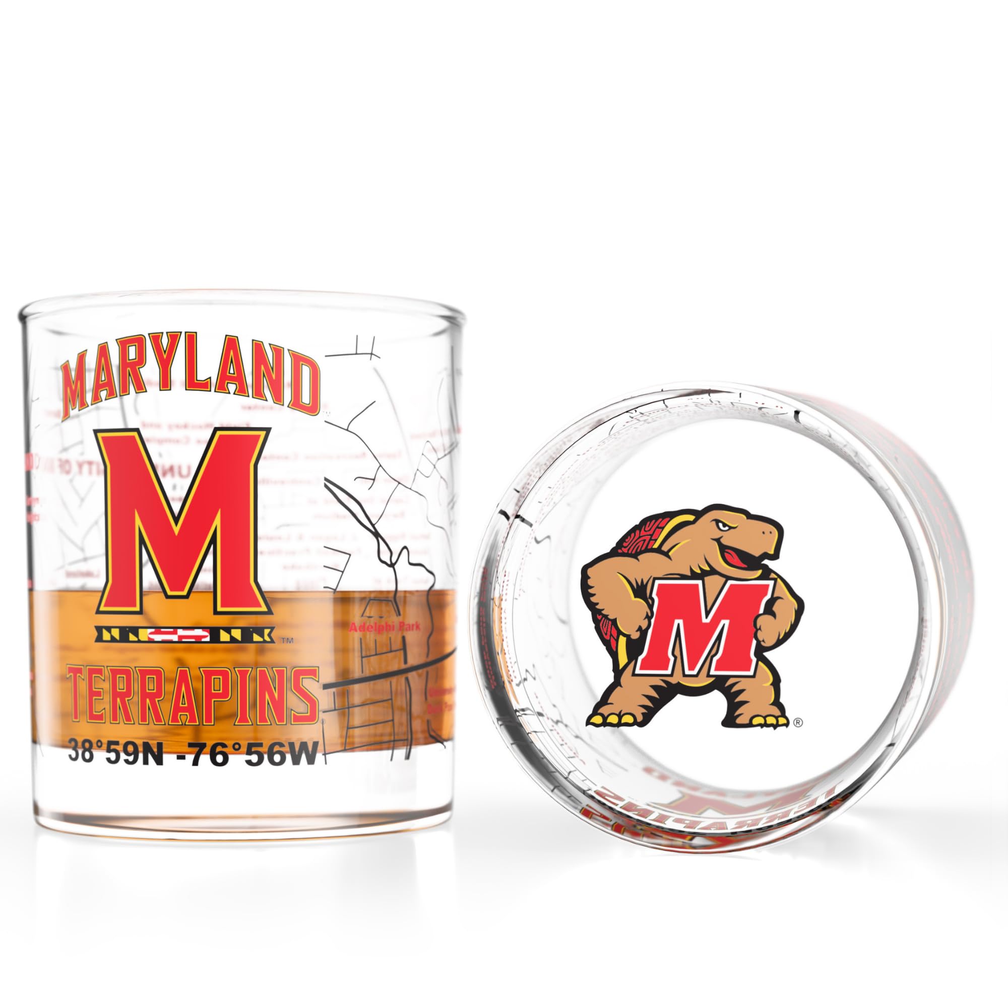 Greenline Goods University of Maryland Terrapins Whiskey Glasses Set of 2, 10 oz Rocks Glasses with Full-Color Logo &amp; Campus Map – Officially Licensed Bourbon Glass Gift for Alumni &amp; Fans