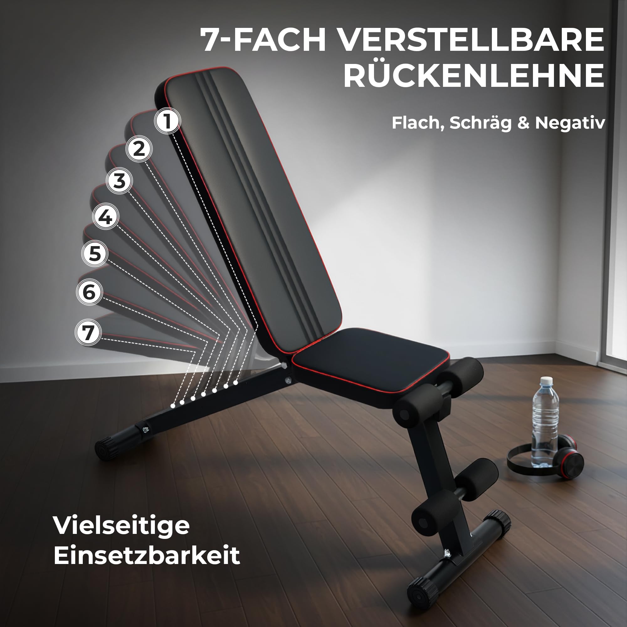 7-in-1 Hantelbank klappbar & verstellbar, bis 200kg belastbar | Schrägbank, Fitnessbank, Trainingsbank, Rückentrainer, platzsparend, 7 Positionen verstellbar, inkl. 2 Widerstandsbänder