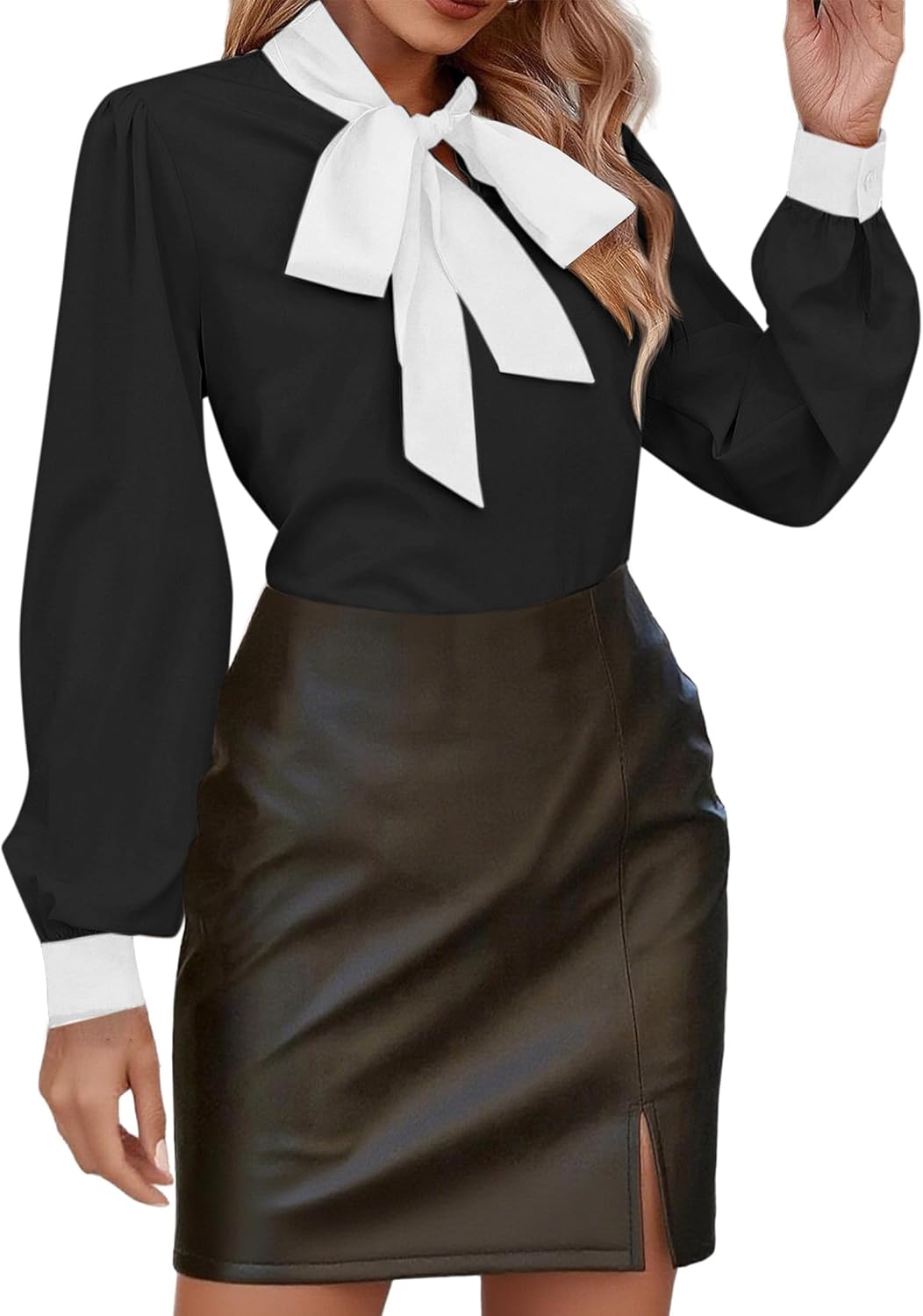 Avanova Women Bow Tie Neck Blouse Shirt Bishop Long Sleeve Work Office Top - Image 3