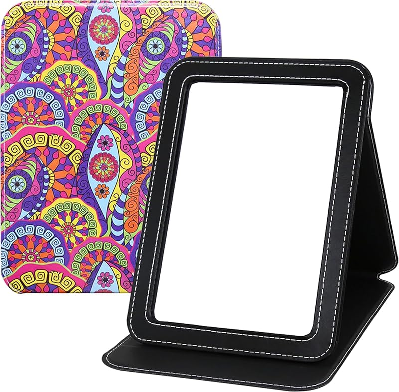 Espelho de maquiagem de viagem GLINTZ dobrável com suporte ajustável, revestimento de PU, formato retangular, 22,61 cm x 16,51 cm