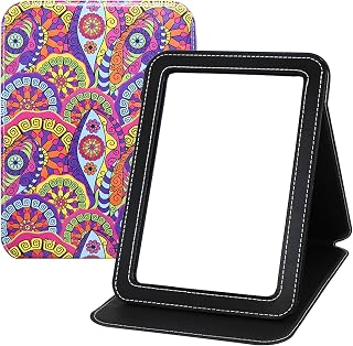 Large Foldable Travel Makeup Mirror, Adjustable Angle Portable Standing Vanity Mirror, Folding PU Leather Rectangular Rounded Corners Design for Desk Table Camping 9"x7"