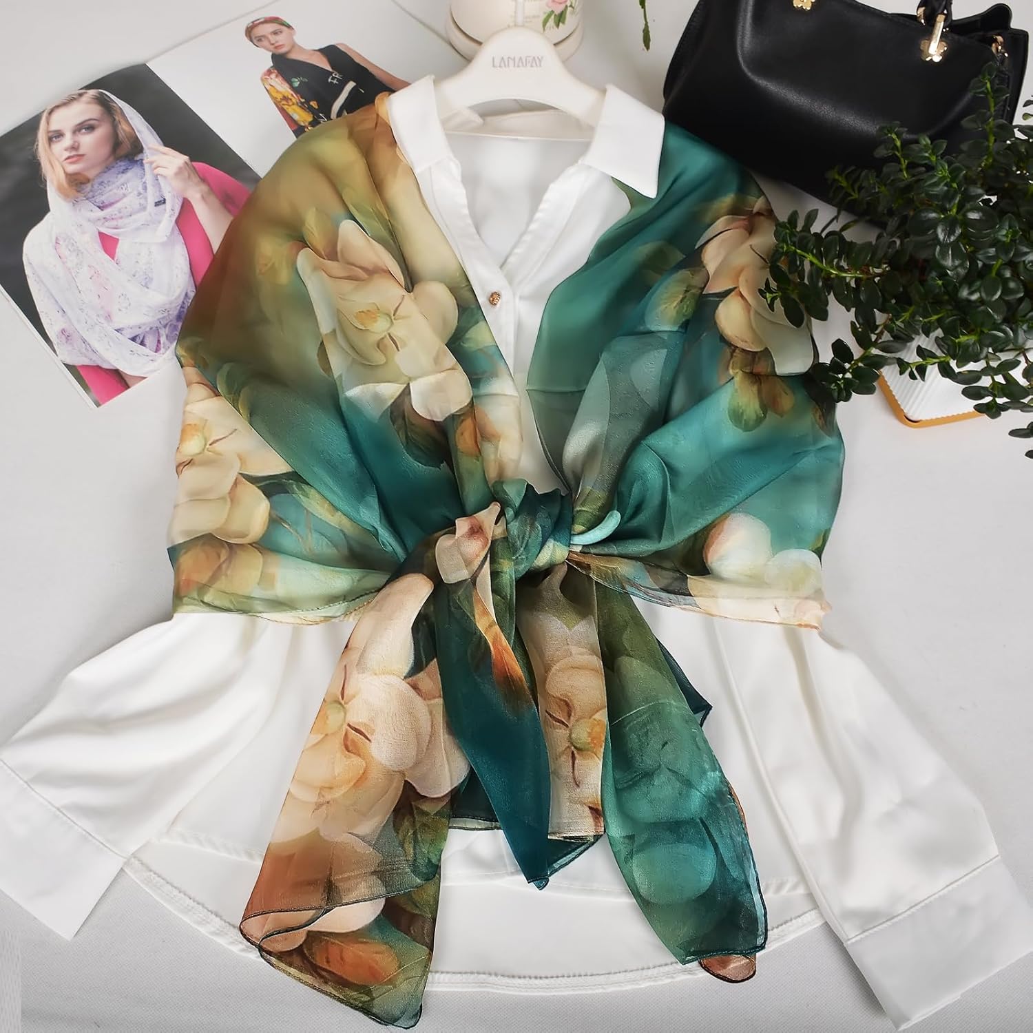 100% Mulberry Silk Women's Neck Silk Scarf-Lightweight Shawl,FLoral Print Beach Silk Wrap-Scarves for Photography - Image 3