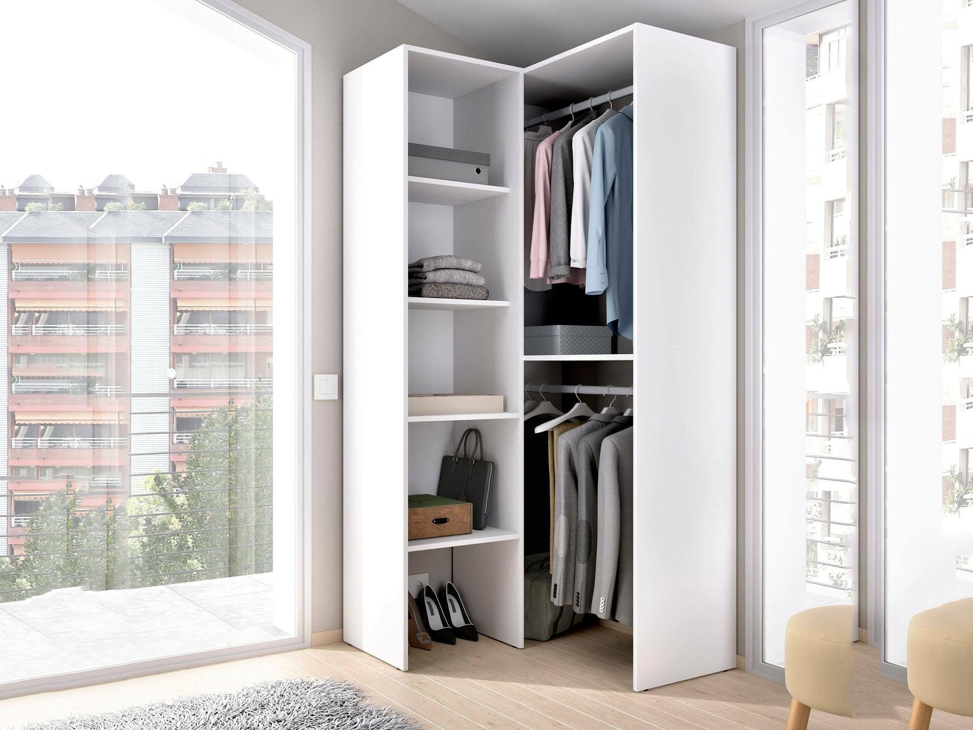 Dmora Guardaroba Grande Bernina 88.4x185.5h cm Bianco Appendiabiti 5 Ripiani, Armadio Camera da Letto 7 Vani