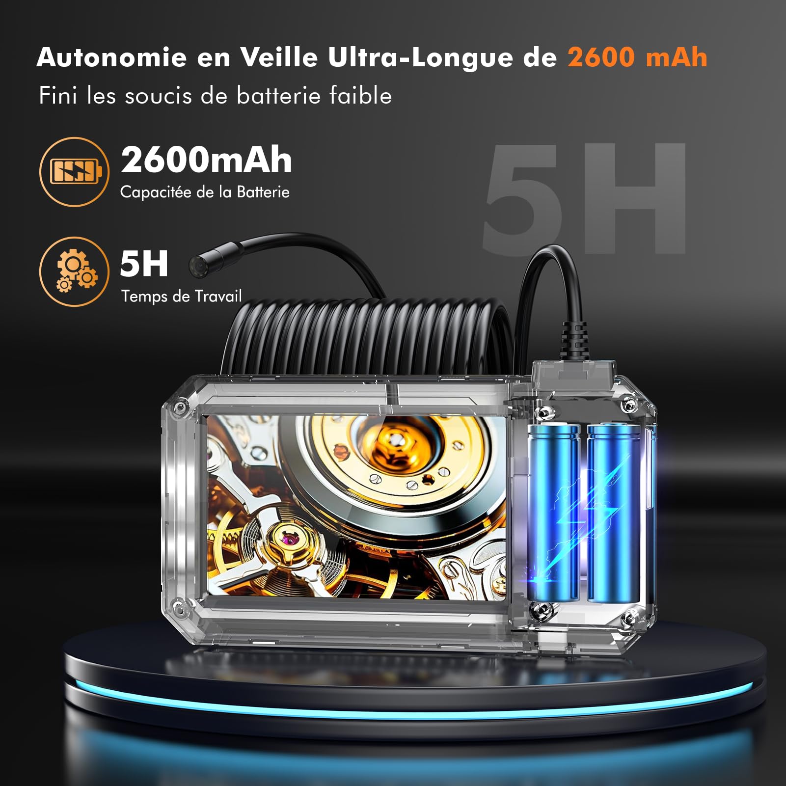 4.3" Camera Endoscopique, 1080 HD Camera Inspection Canalisation avec 8 LED Réglables,IP67 Étanche Endoscope Caméra d'inspection Industrielle 16.5FT/5M, 2600mAh