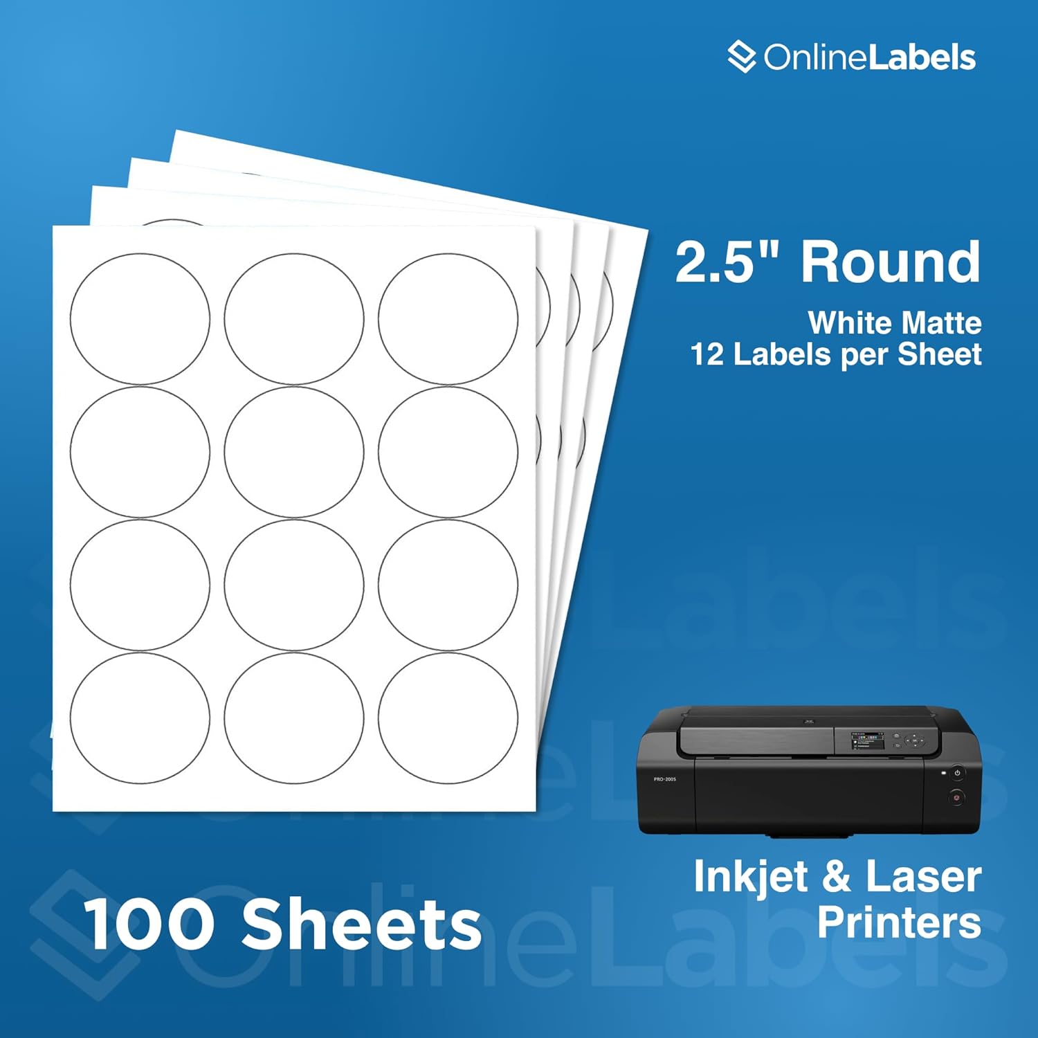 2.5" Round Labels - Permanent Adhesive, White Matte - Great for Candle and Jar Lids, Products, Favor Labels - Pack of 1,200 Circle Stickers, 100 Sheets - Inkjet/Laser Printers, OL350WX, OnlineLabels