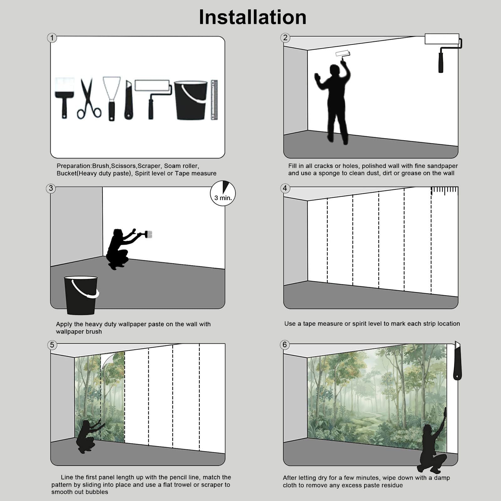 Carta Da Parati Panoramica Verde 400 x 280 cm - Murales Acquerello Piante tessuto non tessuto, Decor Carta da Parati Paesaggio Boschivo Nebbia, per Soggiorno Cucina Corridoio Muro Di Sfondo