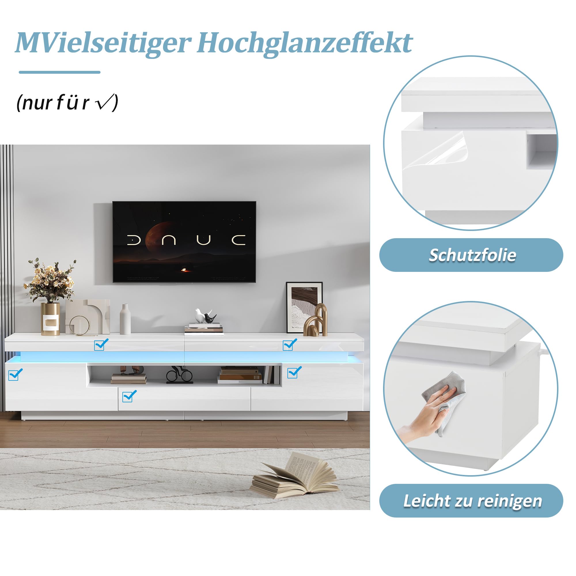 Meuble TV à Haute luminosité avec LED Portes tiroir Panneau Bas pour TV Jusqu’à 75 Pouces Meubles de Base avec Espace de Rangement Semi-Ouvert pour Le Salon Table d’Armoire TV Blanc