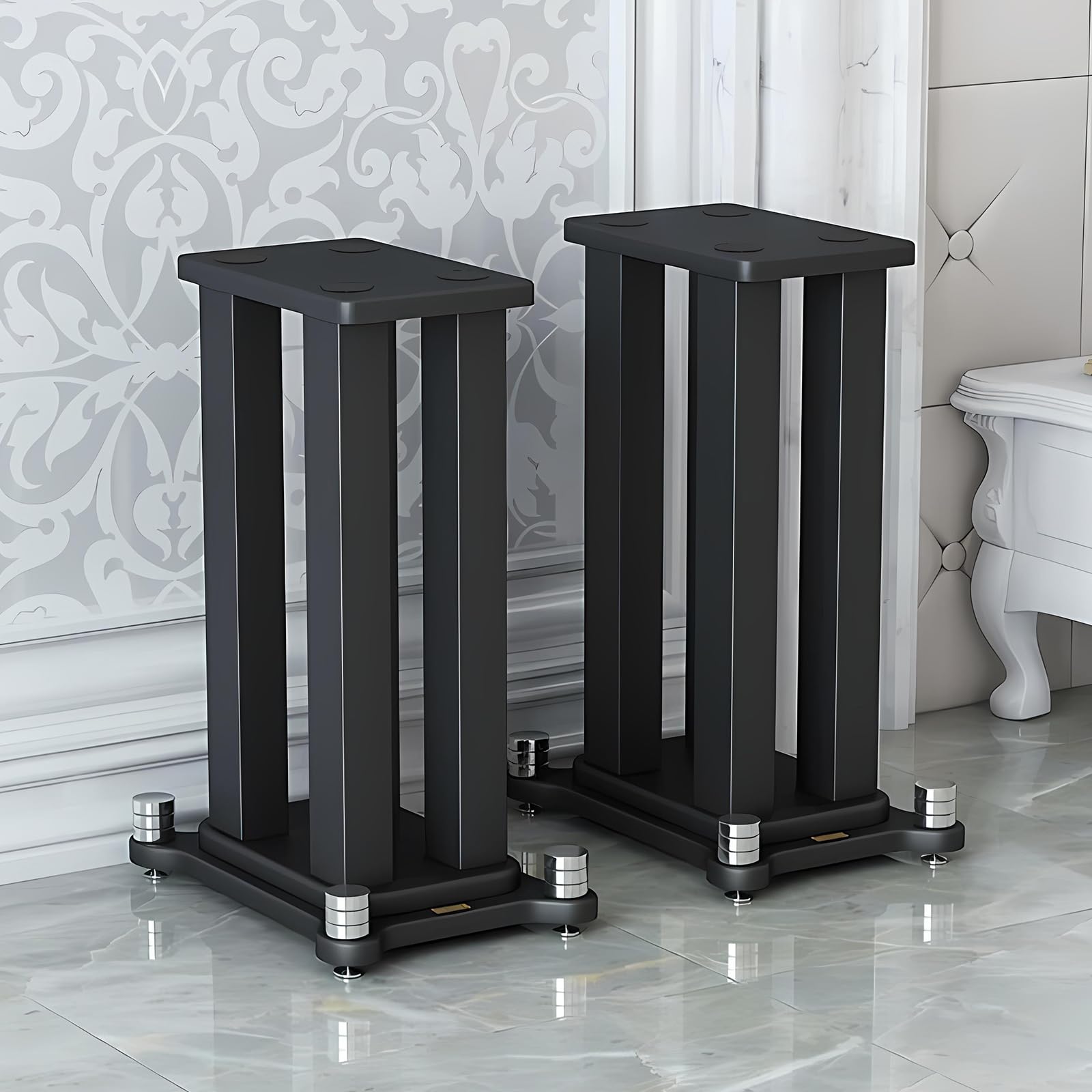 2er-Set lautsprecherständer, Stahlrahmenstütze Lautsprecher Stand für Lautsprecher mit bis zu 40KG, Vibrationsabsorbierendes MDF-Design, Verbessern Sie die Klangqualität (Black, 60cm)