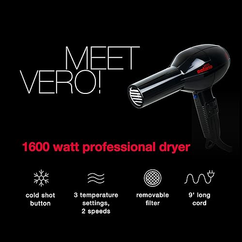Miniatura 2 de Solano Vero Rosso Ceramic Ionic Hair Dryer  Fast Drying 1600 Watt Lightweight Blow Dryer  Quiet + Ergonomic Design +Tourmaline for Added Shine and