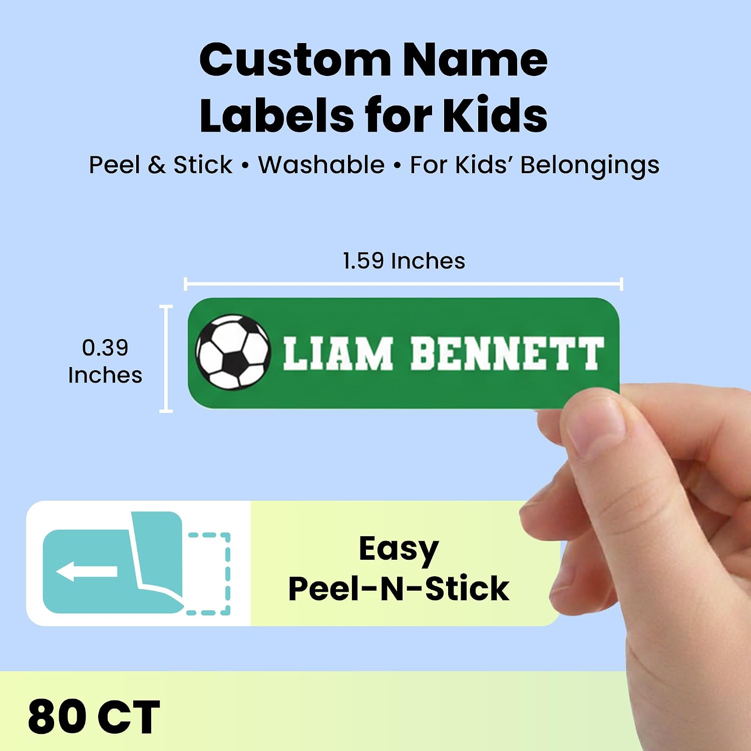 Label Daddy – Custom Small Sports Name Labels for Kids – Waterproof Personalized Labels for Shoes, Bottles, Lunch Boxes & School Supplies – Durable Peel-and-Stick Name Tags – Soccer Design - 80 Ct
