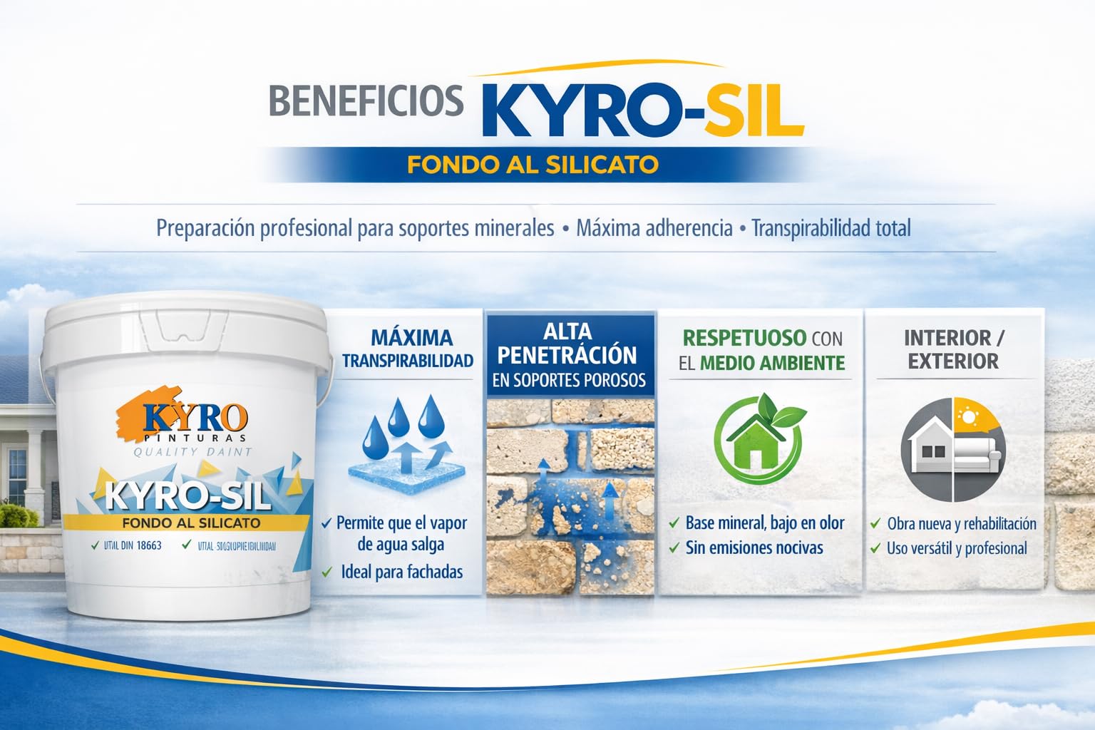 KYRO-SIL FONDO Imprimación al Silicato de Potasio Puro - Fijador Profesional para Soportes Minerales Porosos - Interior y Exterior - 14 Litros