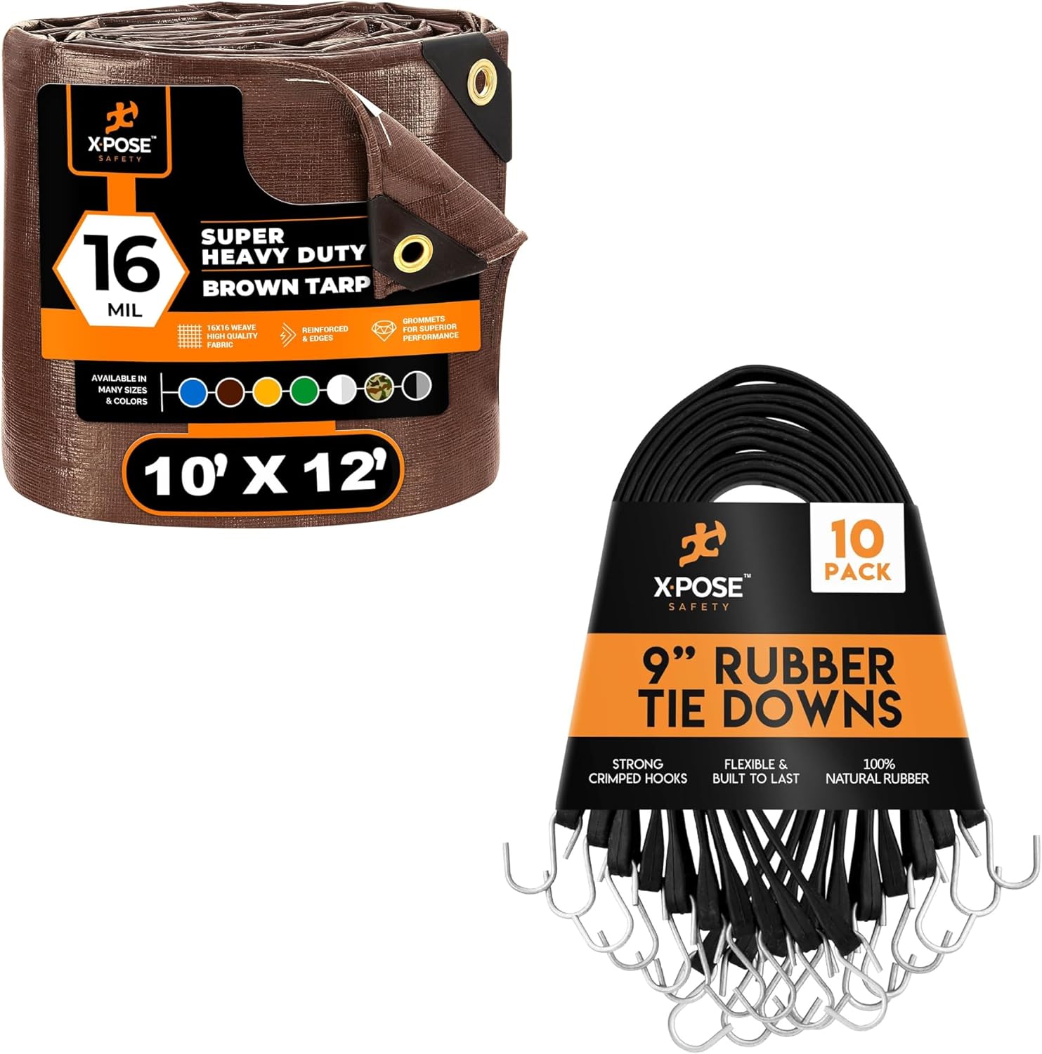 10' x 12' Heavy Duty Brown Poly Tarp with 10-Pack 9" (14” Max Stretch) Bungee Cords – Waterproof, UV Resistant, Rip Proof, Reinforced Edges, Grommets, and Durable Tie Down Straps – by Xpose Safety