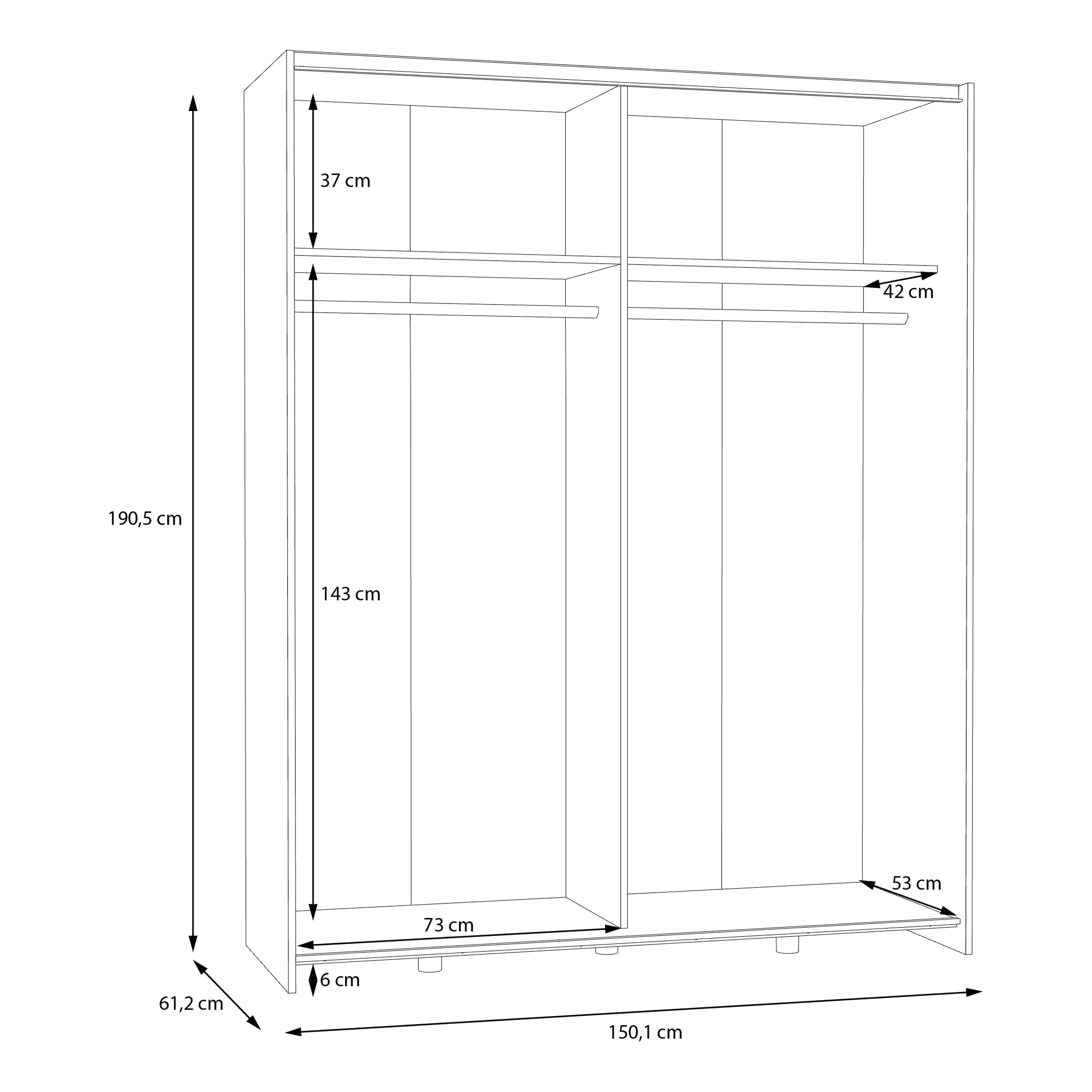 Forte Schach & MATT Kleiderschrank 150, Moderner Spiegelschrank mit Schwebetüren, 2-türig, Holzwerkstoff, Weiß, 150,1 cm breit, 190,5 cm hoch, x 61,2 cm tief