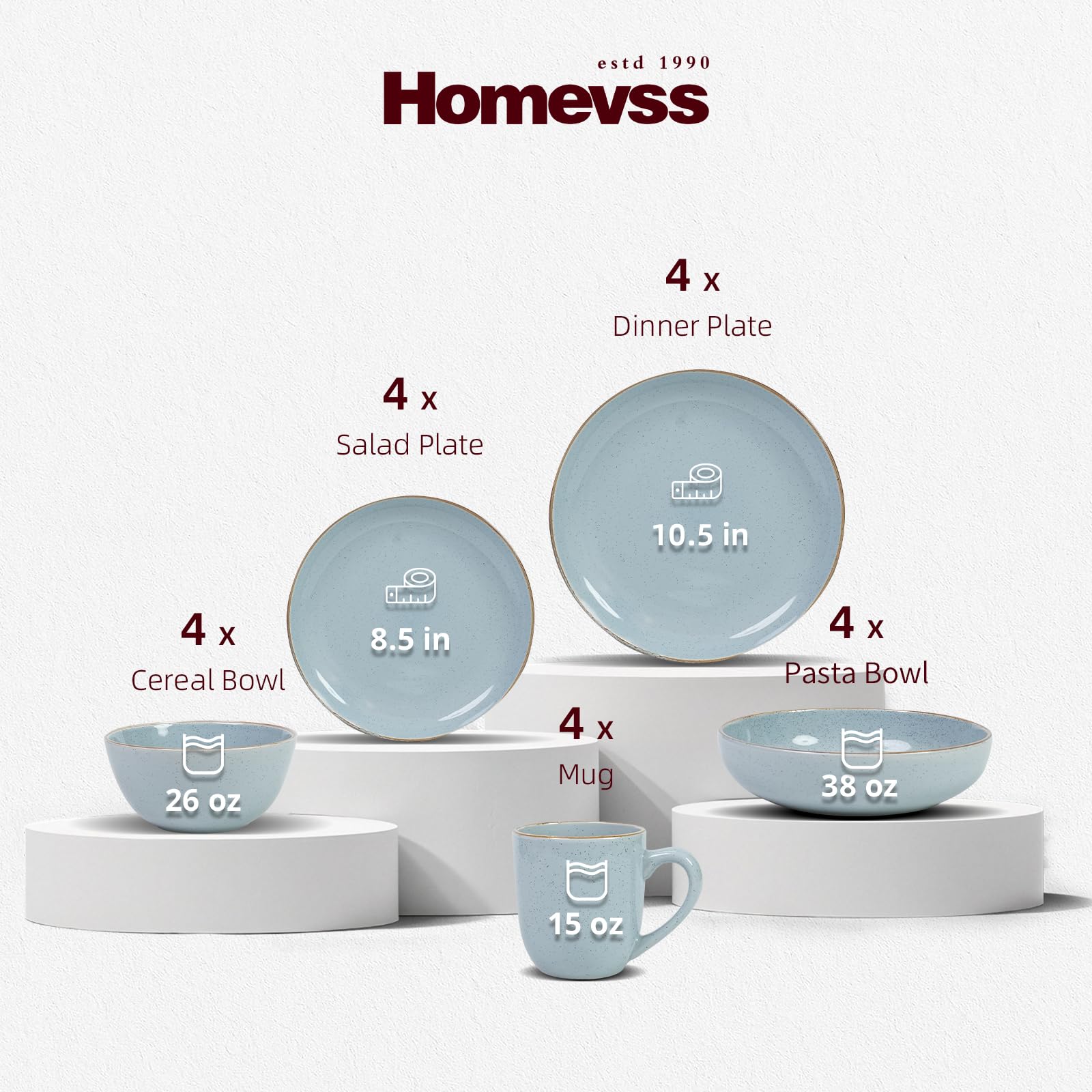 Juego de vajilla HomeVSS de 20 piezas - Para 4 personas, platos y cuencos azul claro brillante con efecto moteado, apto para microondas y lavavajillas.