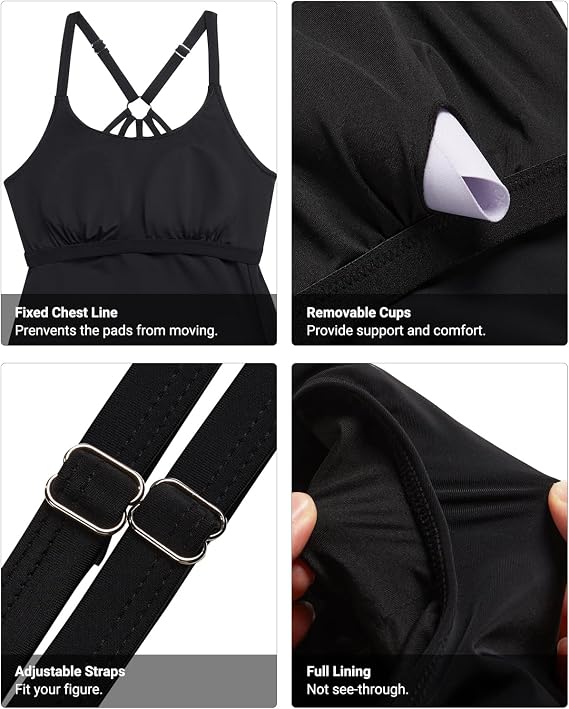 Womens Tankini Swim Top Only Modest Bathing Suit Loose Fit Tops No Bottom | Loose top smooths your midsection.Adjustable strappy back provides good support.Side drawstrings provides modest coverage