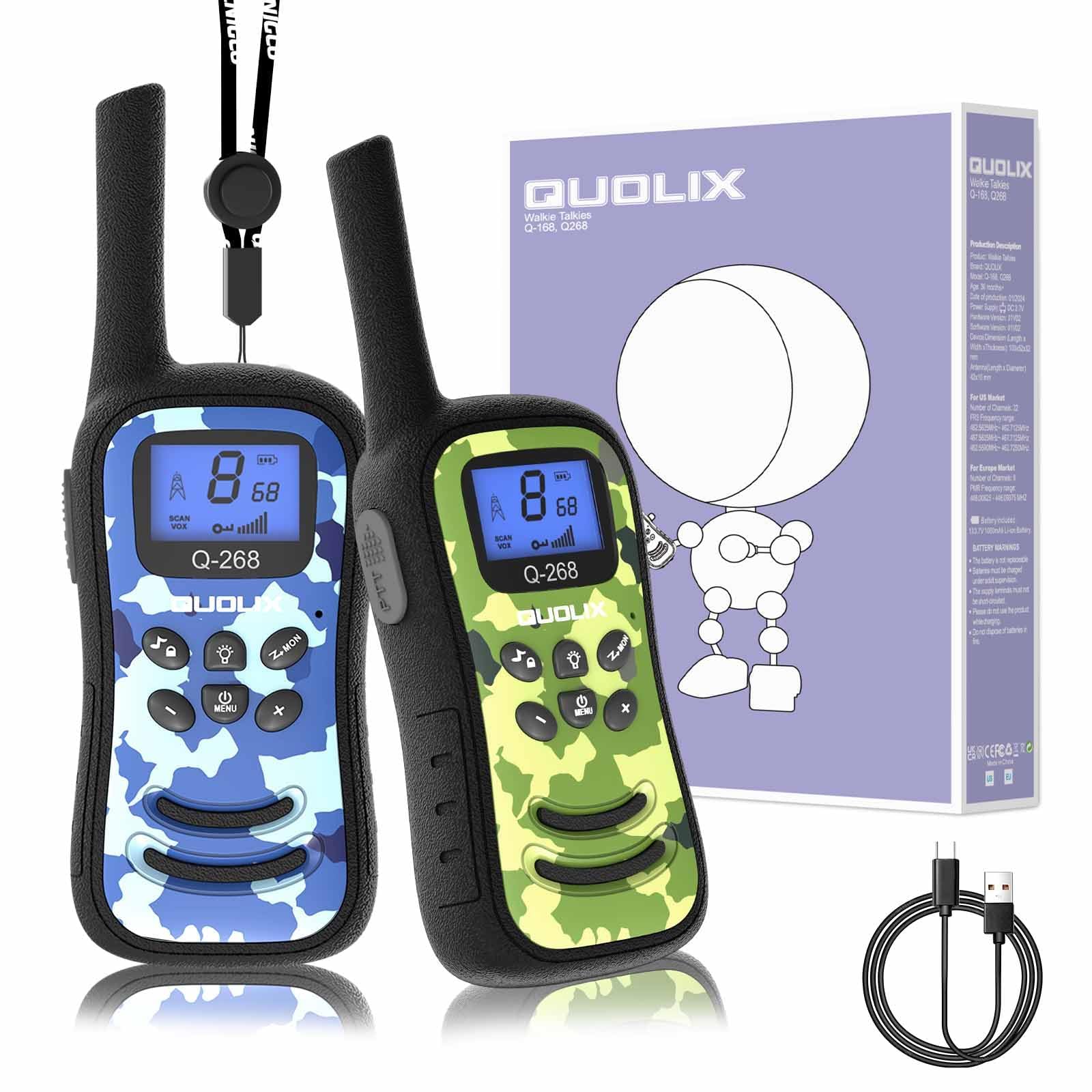 QUOLIX Kids Walkie Talkie, Rechargeable Kids Walkie Talkie, 3km Working Distance, 48 Hours Standby, VOX8 Channels, Flashlight Function, Gift for Girls and Boys Aged 3-12 (2 Pack)
