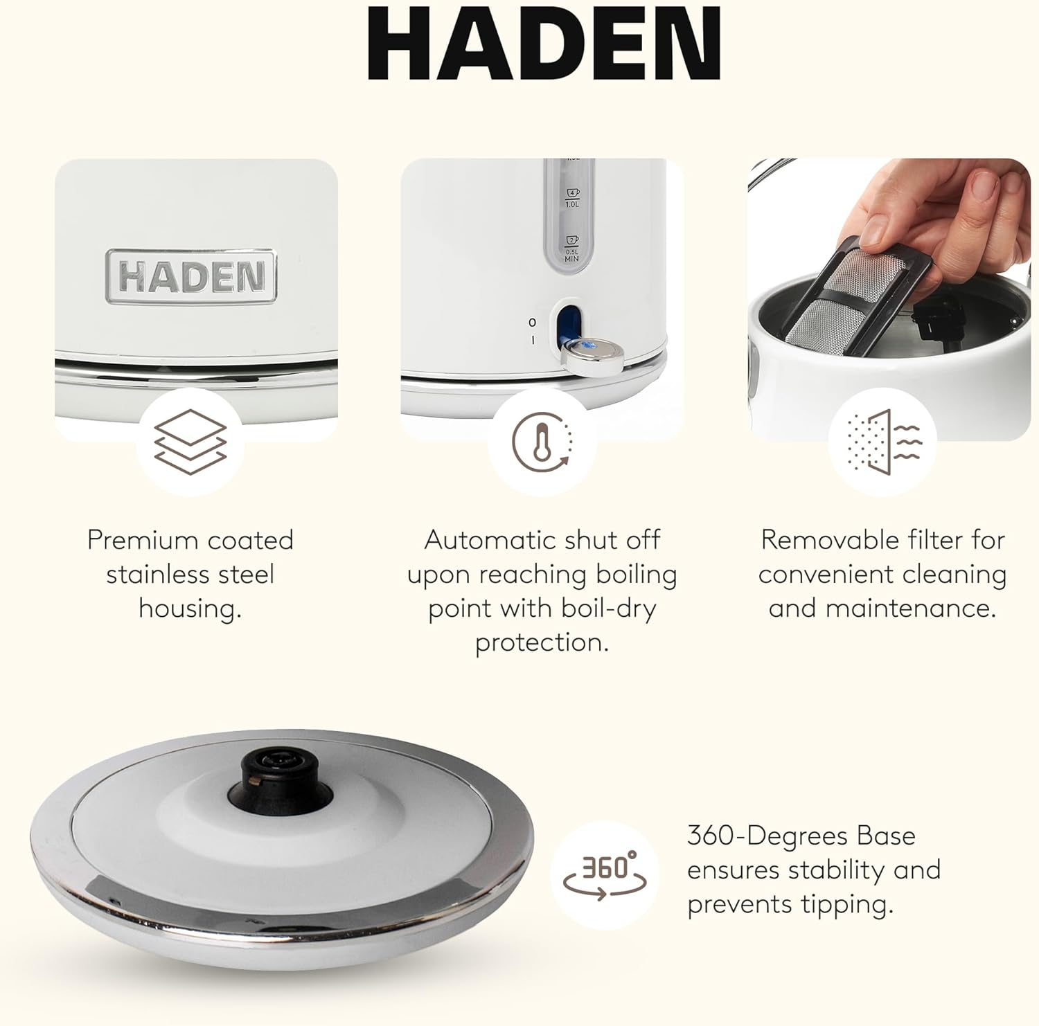 Haden Heritage Electric Kettle showing premium coated stainless steel housing, automatic shut-off, removable filter, and 360-degree base.