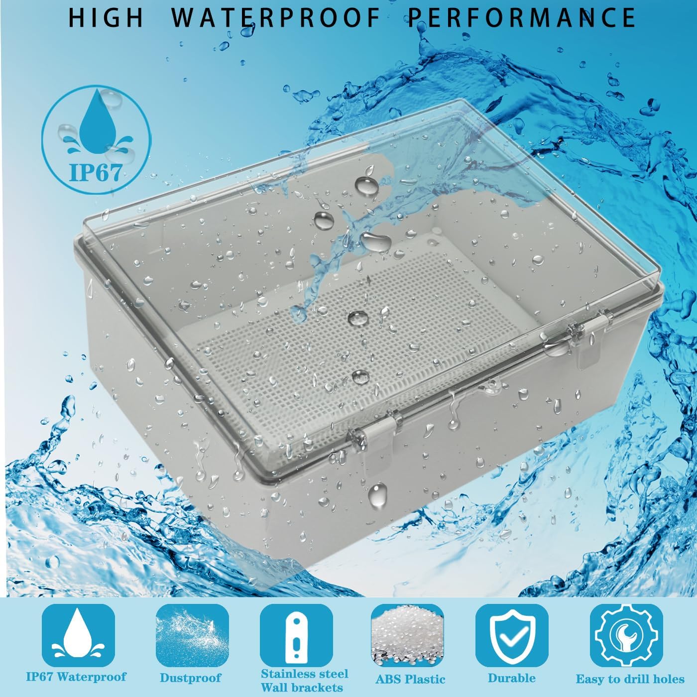 Waterproof Outdoor Electrical Box Junction Box Weatherproof IP67 ABS Plastic Enclosure Switch Router Project Box with Mounting Plate with Wall Bracket 2 Cable Glands Clear 15.4"x11.4"x6.3"