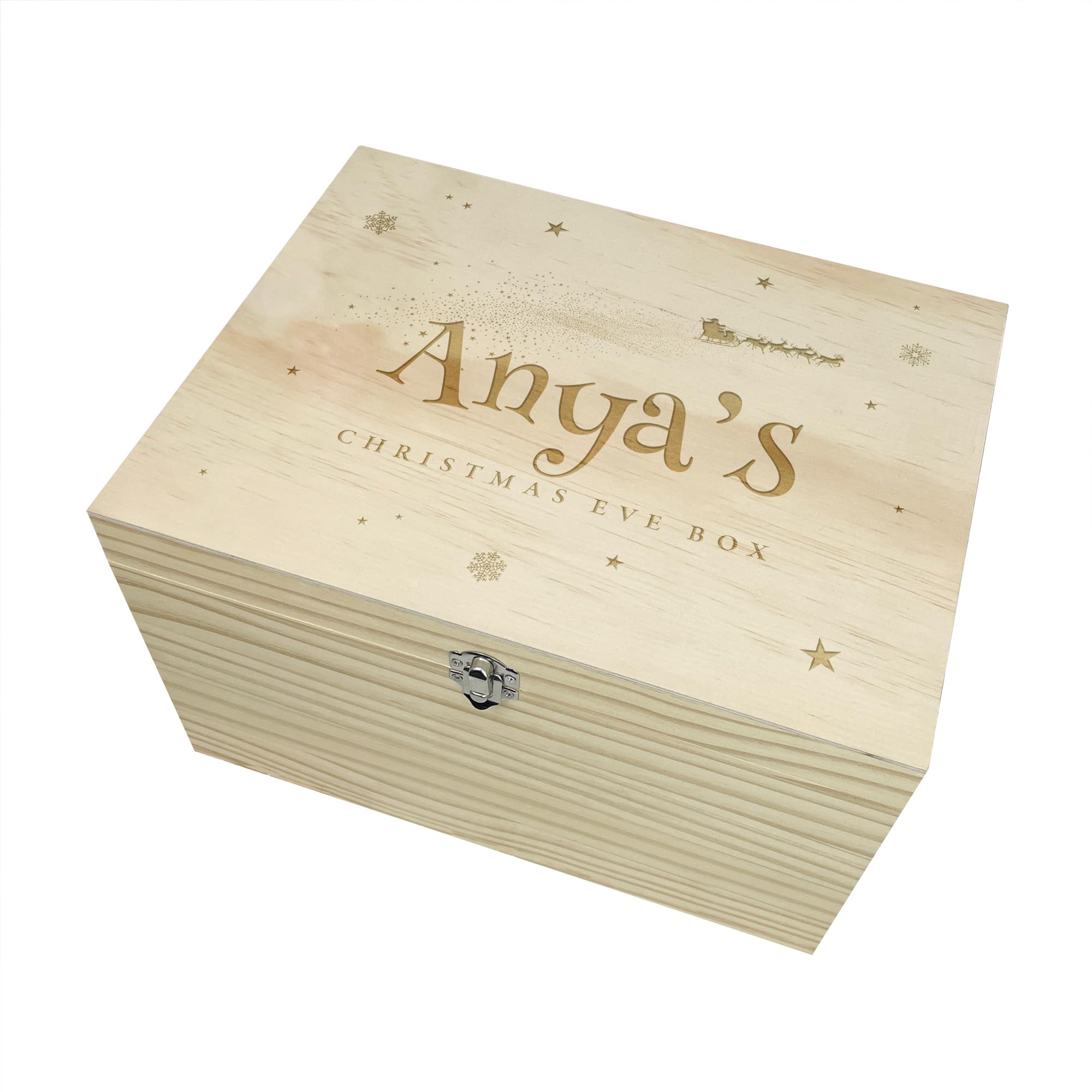 The Lovely Keepsake Company Personalised Engraved Santa Sleigh Christmas Eve Box | Custom Name | Pine Wood Box with Metal Hinges & Clasp | Christmas Eve Gift | W30cm x D22.9cm x H18cm