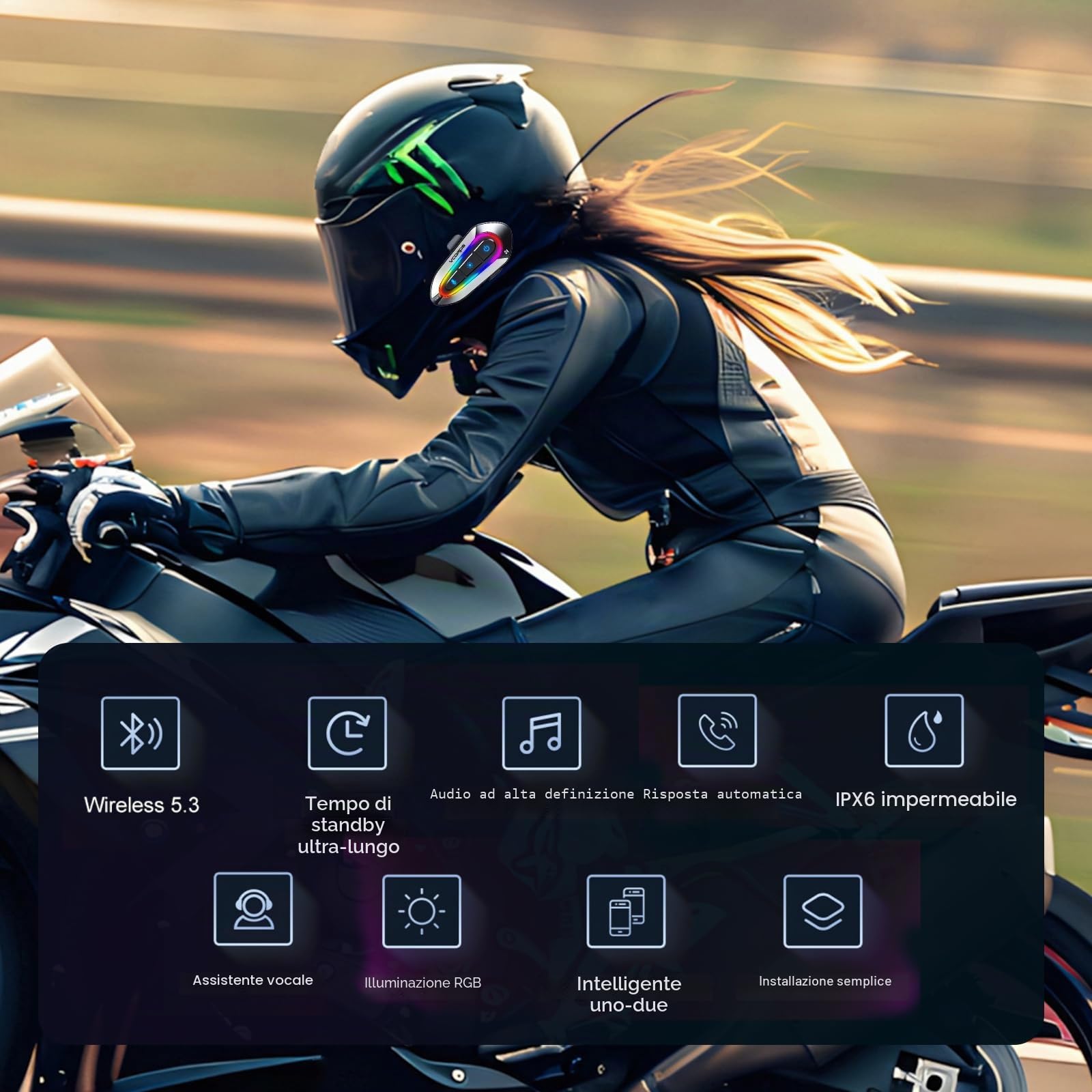 Casco Moto Auricolare,VR2 Casco Moto Bluetooth Auricolare per Singola, IPX6 Impermeabile,Modalità luce RGB,5.3 Cuffie Bluetooth per Moto,Auricolari Moto per Vivavoce AI Voice Control,Controllo Musica