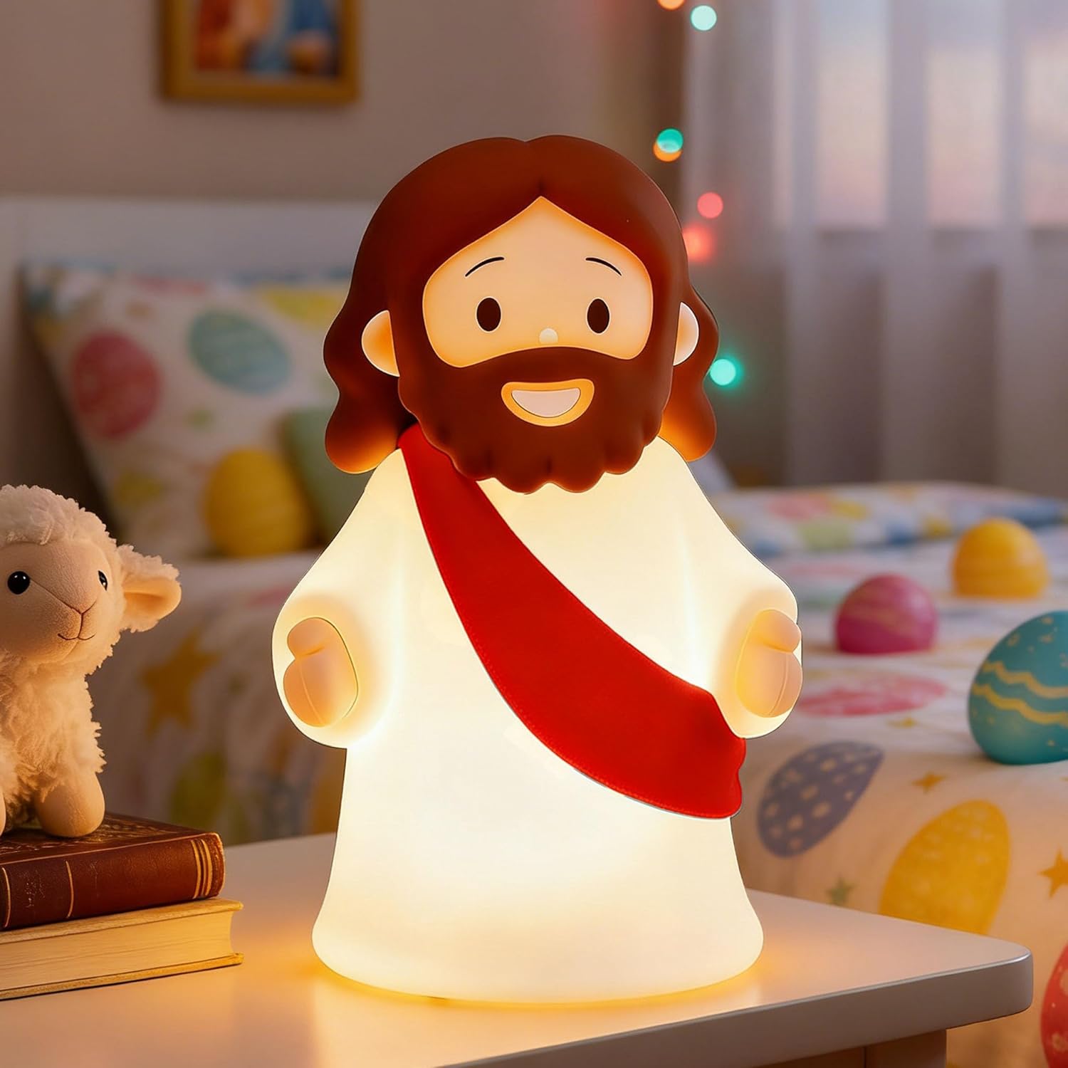 Jesus Night Light Rechargeable Bedside Night Light Dimmable Silicone LED Light Ideal for Religious Gatherings, Gifts for Sunday School, Baptism Presents, Easter Egg Decorations (red)