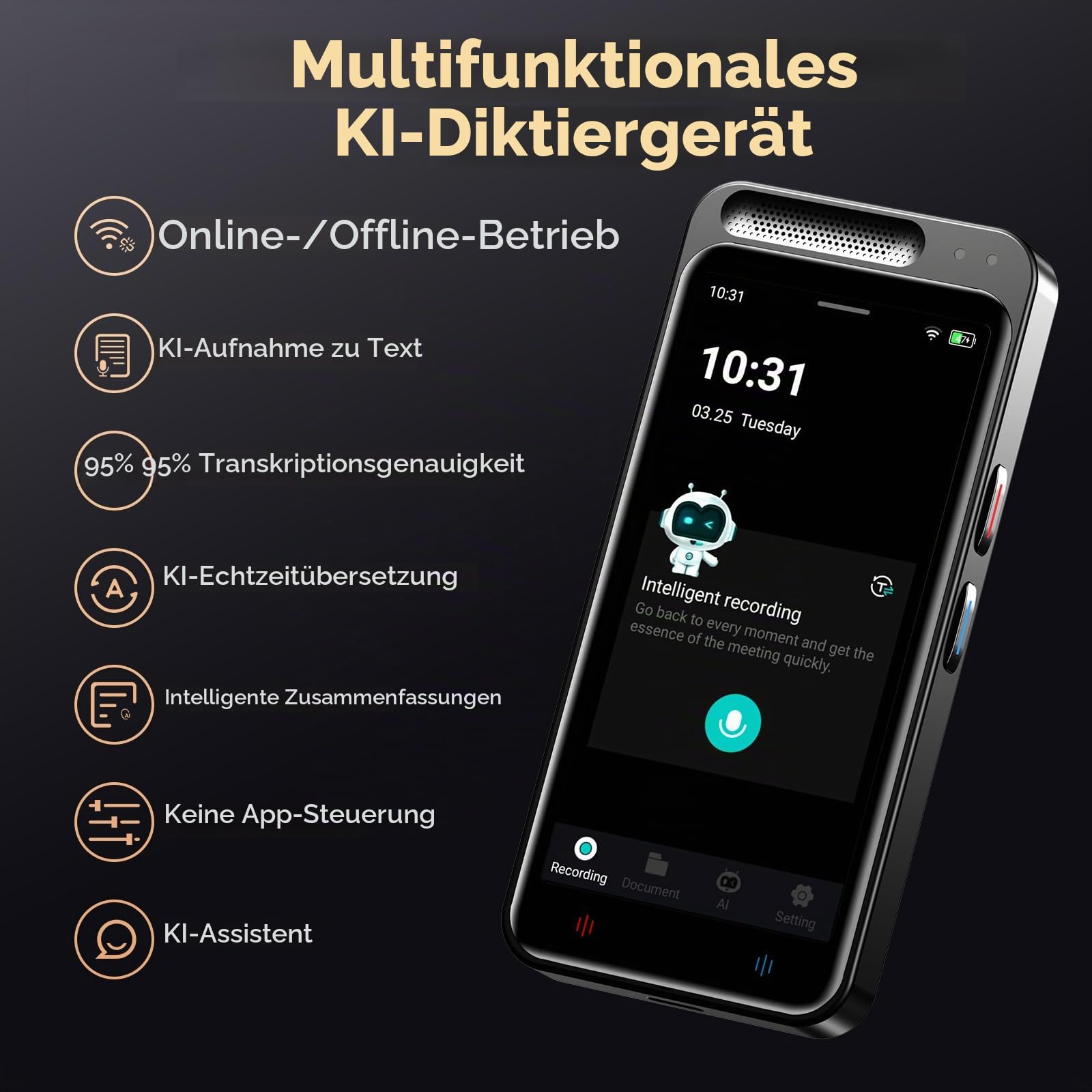 Digitales Diktiergerät Aufnahmegerät mit KI Schreibfunktion und Zusammenfassen,Übersetzung Online Offline Arbeit von 134 Sprachen,80GB Aufnahmegerät AI Voice Recorder für Vorlesungen,Meetings