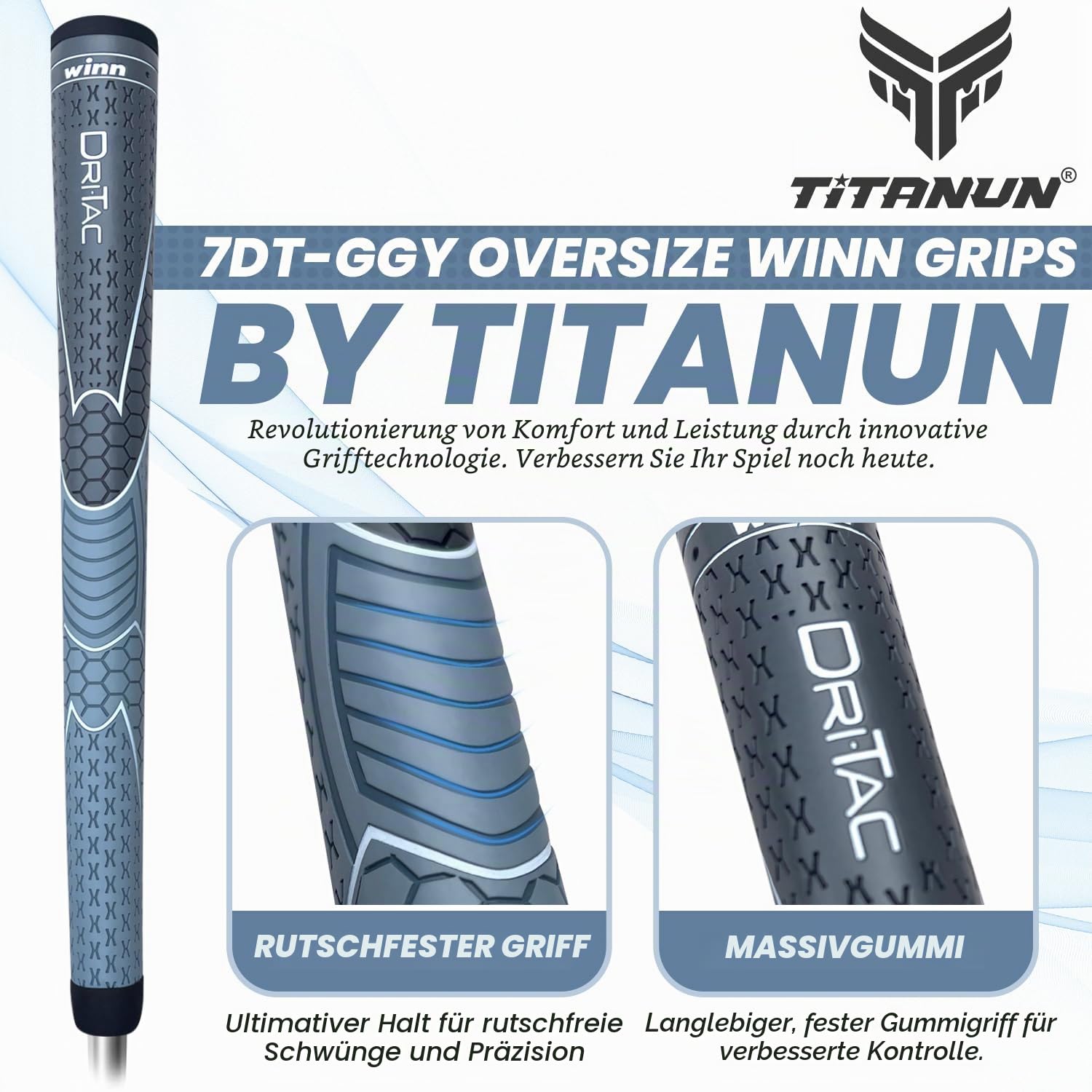 WINN TITANUN DRI-TAC OVERSIZE- Neueste Serie 09 Stück dunkelgrau/silbergrau Golfgriff – rutschfest & gepolsterter Komfort – unglaublicher Komfort und Feuchtigkeitstransport – Stoßdämpfungsvorteile für