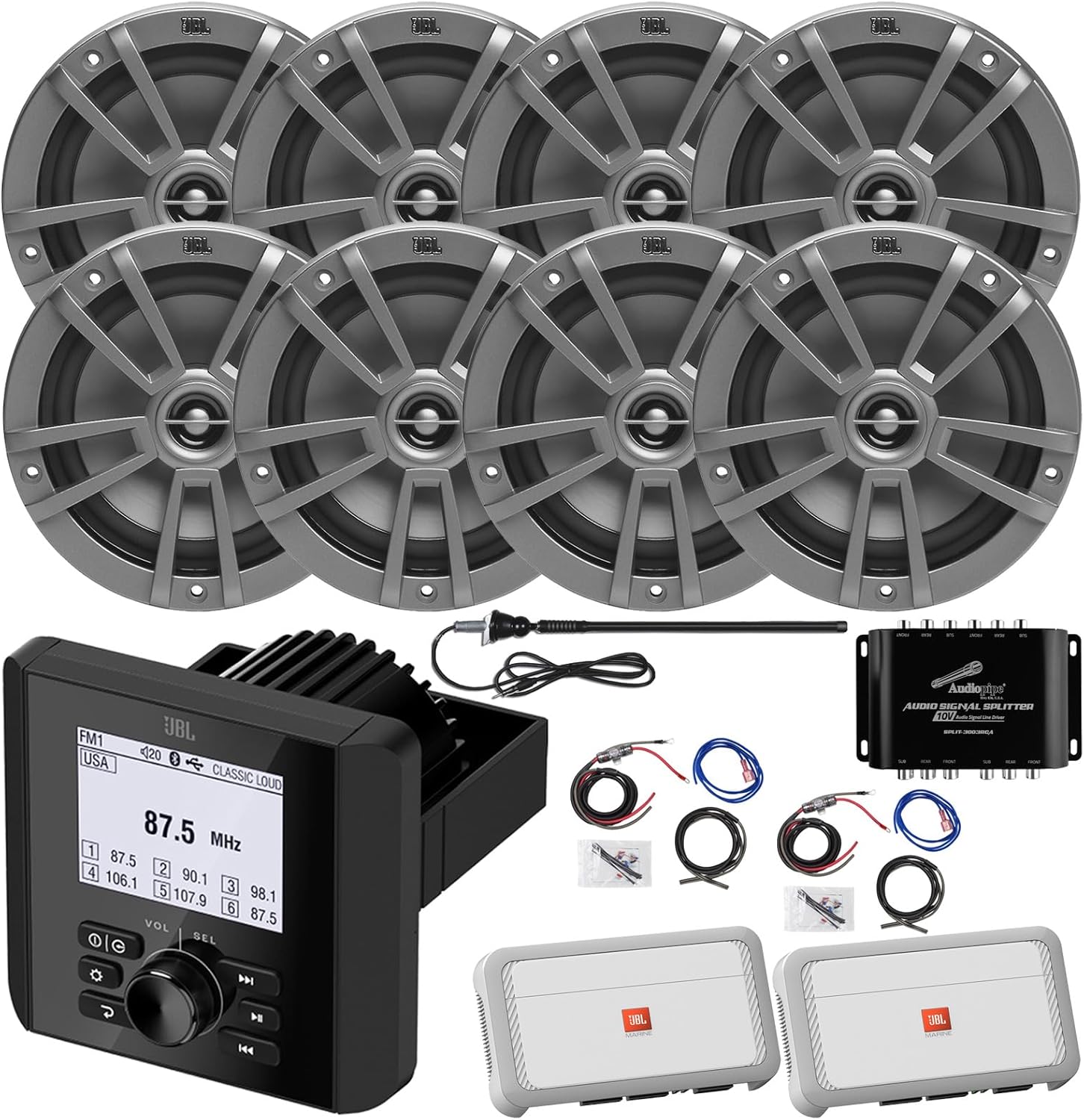 Marine Bluetooth AM/FM Radio Digital Media Receiver, 8X 6.5 180 Watt Max 2-Way Boat Audio Gray Speakers, 2X 4-Channel Amplifier w/2x Wiring Kit, Audio Splitter, Antenna (Black)
