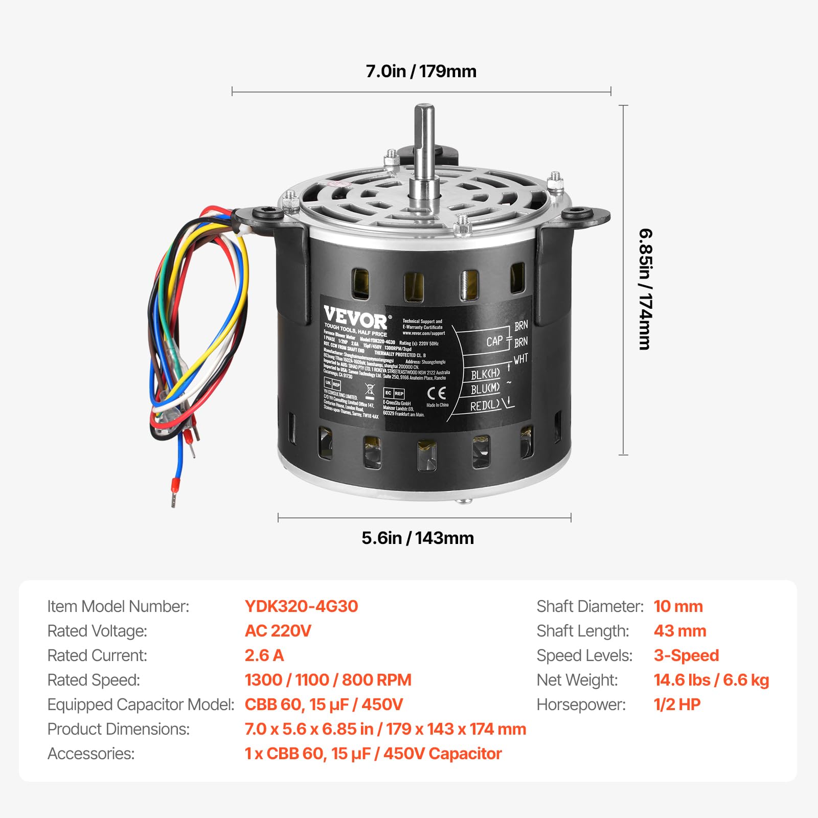 VEVOR Motor de Soplador de Horno de 1/2 HP, 220 V, 2,6 A, 1300 RPM, 3 Velocidades, Diámetro de Eje de 10 mm, Longitud de Eje de 20 mm, Rotación en Sentido Antihorario desde el Extremo del Eje