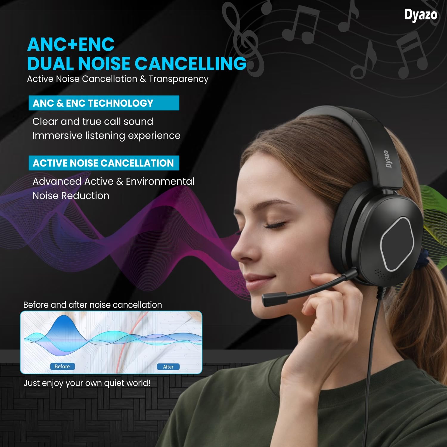 Dyazo Wired Headset with Microphone | Active & Environmental Noise Cancellation | 3-in-1 USB, Type-C & 3.5mm Connectivity | in-Line Controls | On-Ear Headphones for PC, Mobile Phone & Laptop (Black) — Amazon image 2