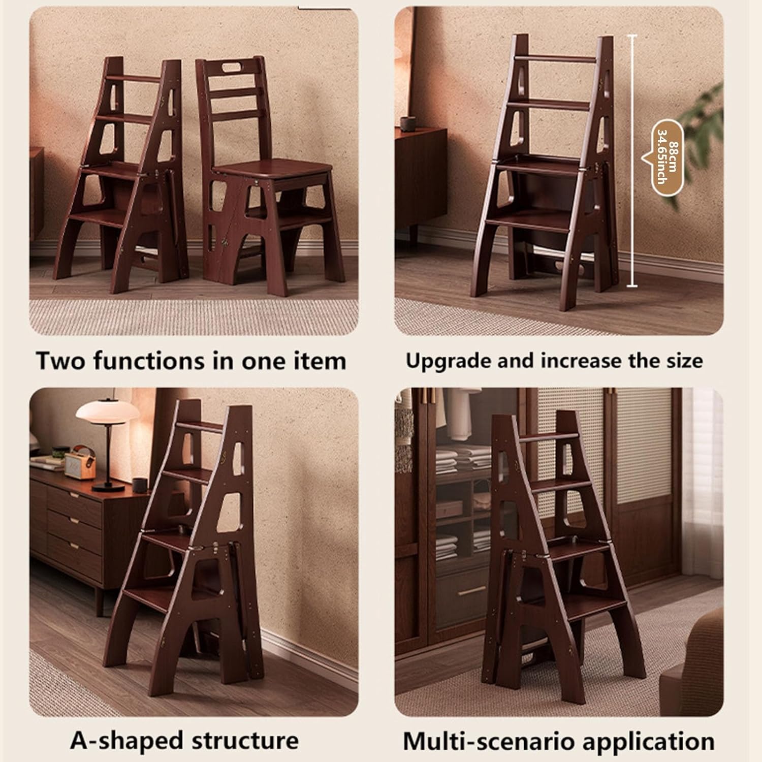 Folding Step Ladder Chair, 4 Step Wooden Convertible Step Stool Chair, Multifunctional A-Frame Ladder Chair for Home, Kitchen, Office, Load-Bearing 440lbs, Dark Walnut