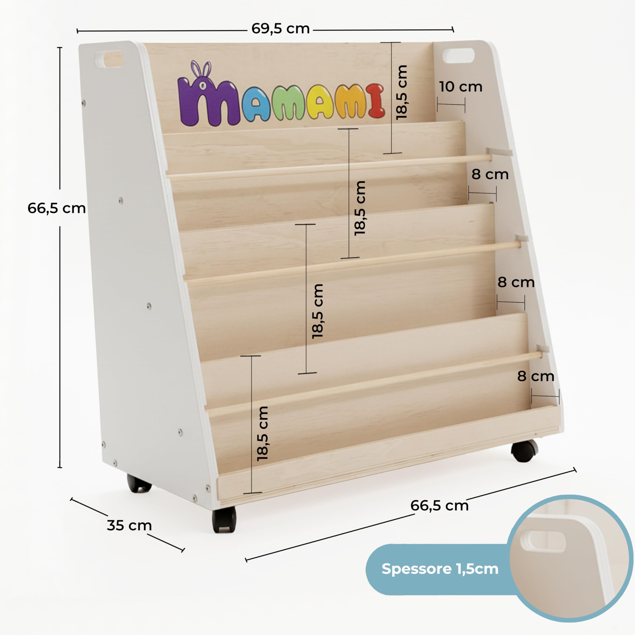Libreria Montessoriana per Bambini,in Legno spessore 1.5 cm, 4 Ripiani Frontali e Vano Posteriore, Ruote Opzionali, 72x67x35 cm