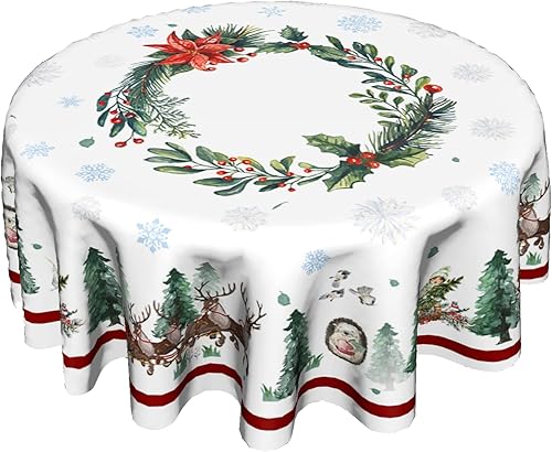 Miniatura 8 de Sweetshow Mantel redondo de invierno de Navidad de 60 pulgadas, mantel de copo de nieve, mantel de muñeco de nieve, decoración de árboles de