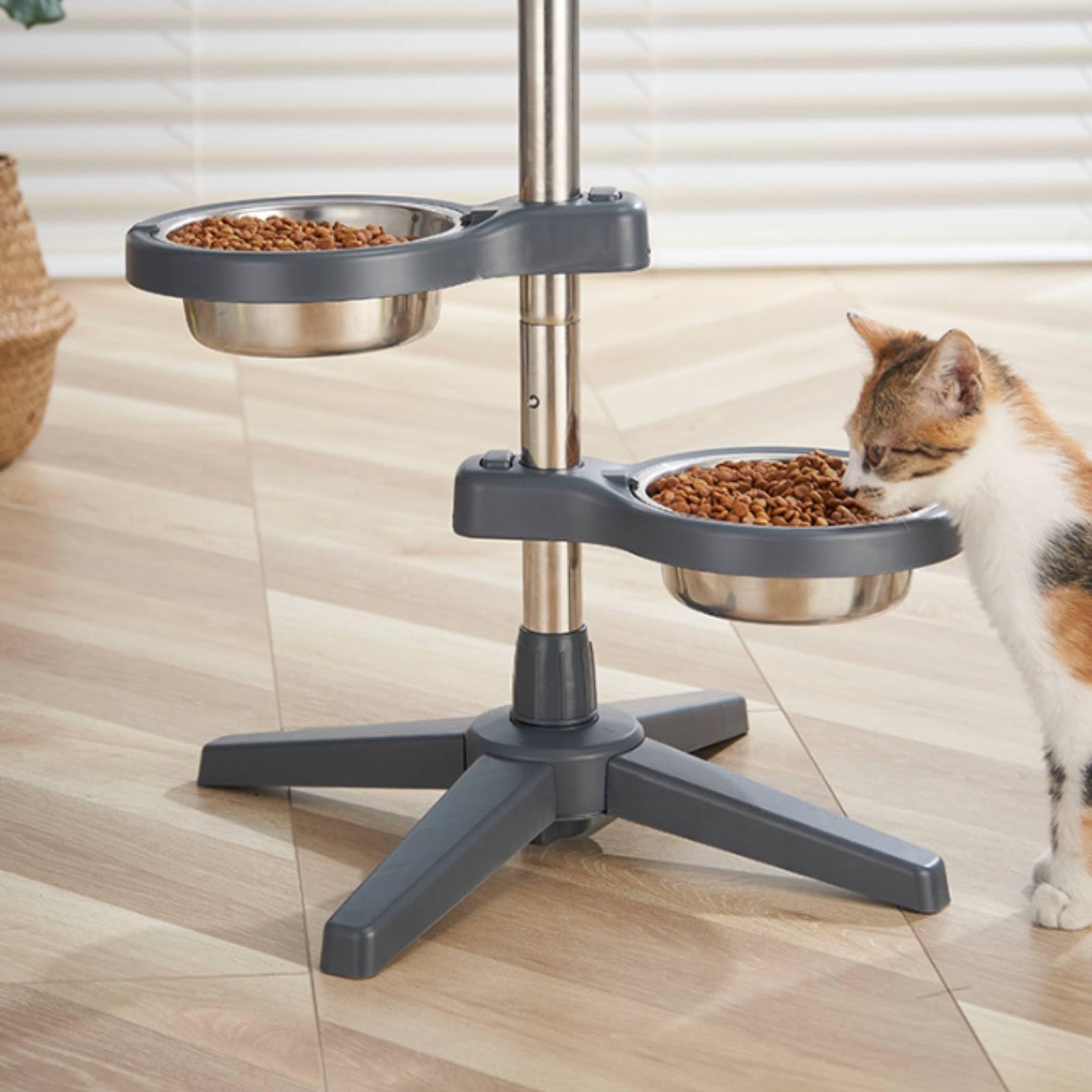 Comedero Elevado para Perros y Gatos Alimentador Ajustable con Dos Platos Soporte Metálico Vertical Estable Bowls de Acero Inoxidable Extraíbles, Gris Oscuro, Grande 21cm