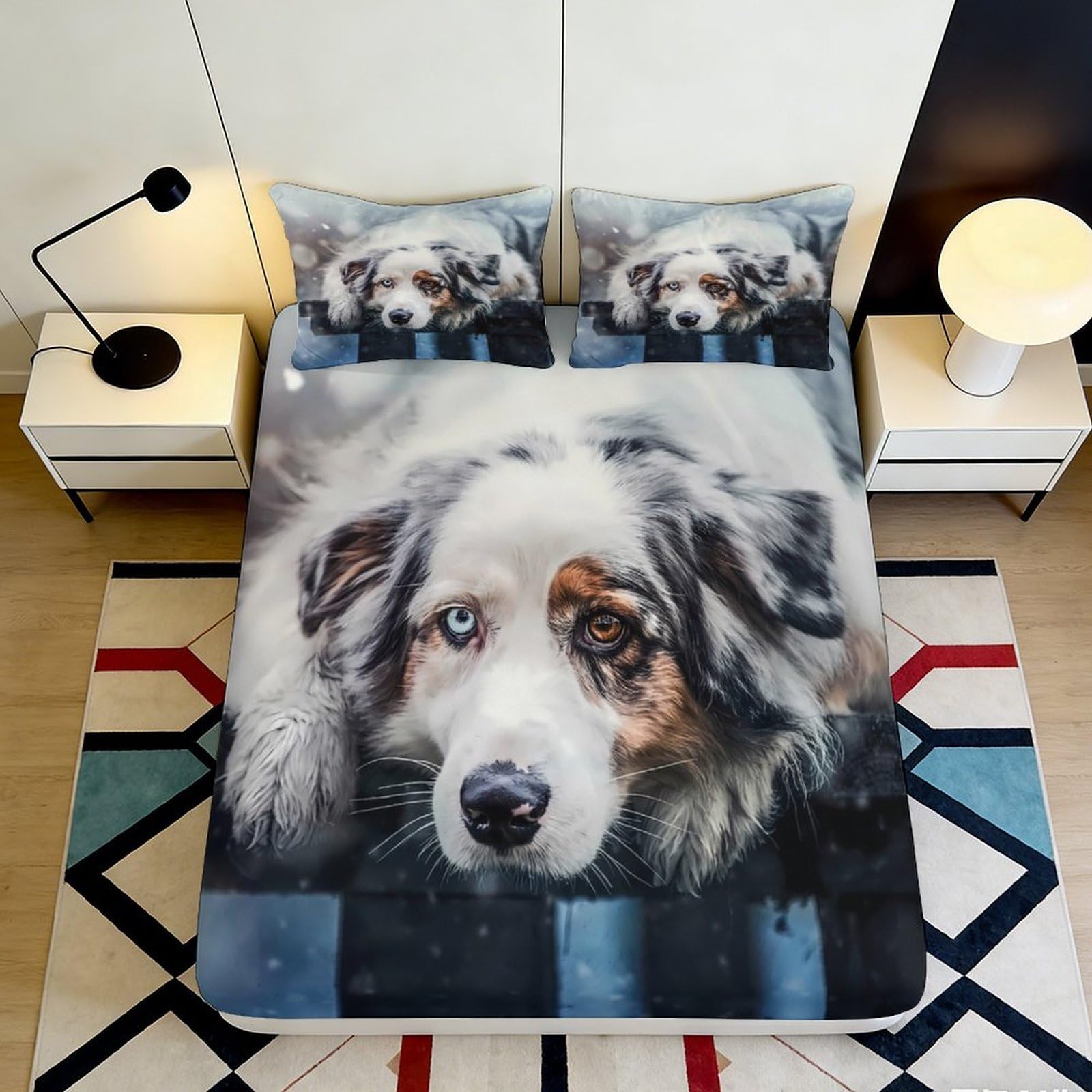 3D Printed Australian Shepherd Fitted Sheet Microfiber Soft Durable Dog Pattern Bed Cover for Bedroom Dormitory Guest Room Mattress Protection 140x200x25cm