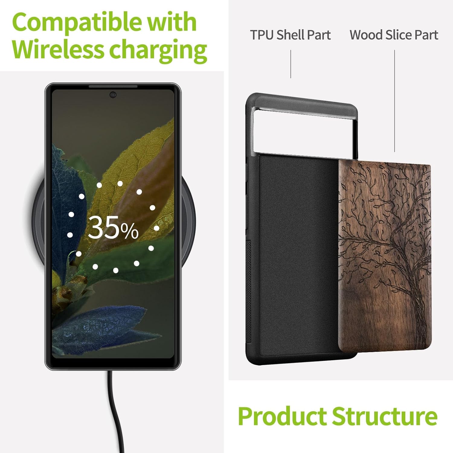 Carveit Wood Case for Pixel 8a Case [Natural Wood & Black Soft TPU] Shockproof Protective Unique Wooden Cover Compatible with Google Pixel 8a (The Vintage Olive Tree-Walnut)