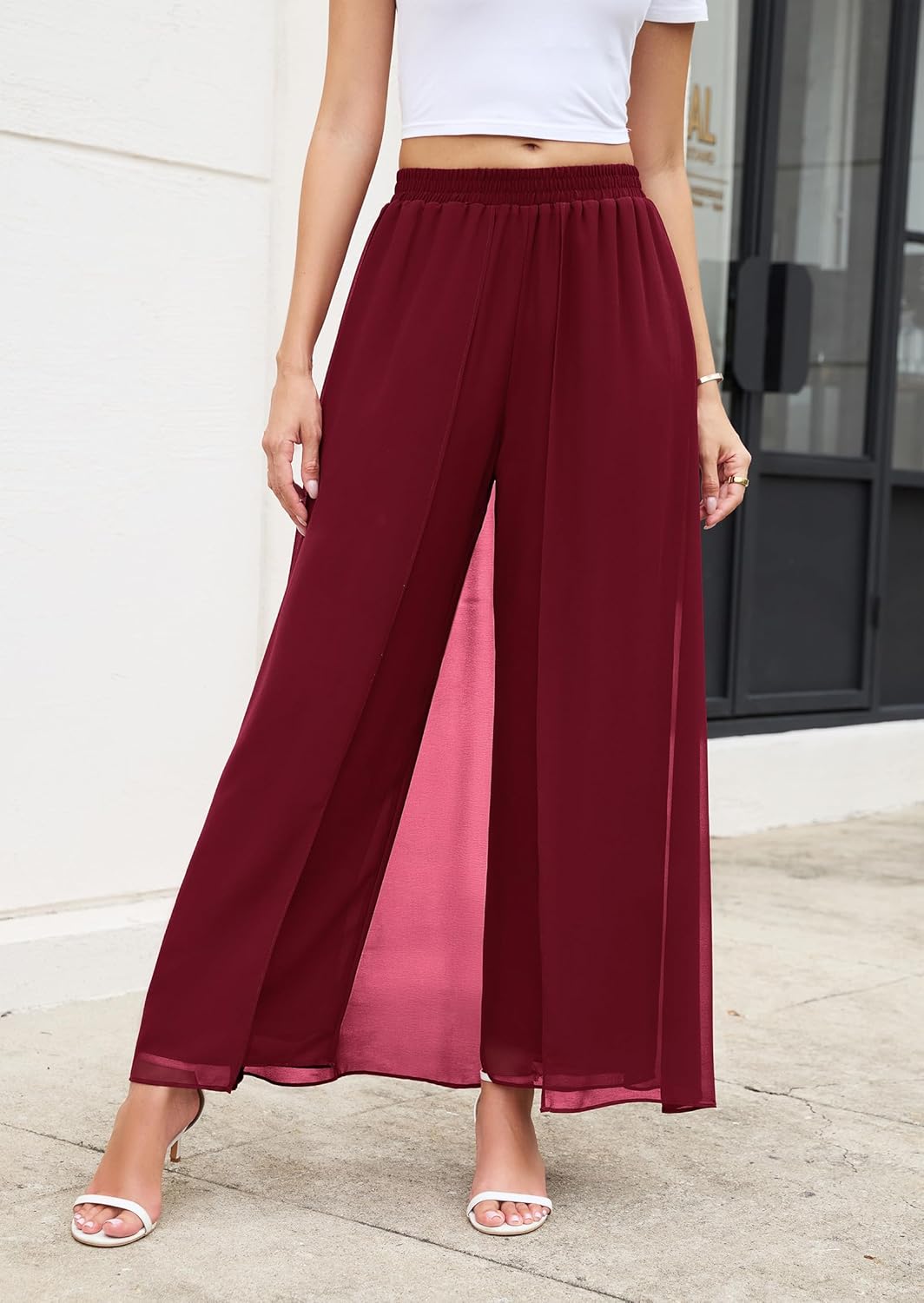 WANGZHI Women's Wide Leg Dress Pant Elegant Party Elastic Waist Trouser with Pockets - Image 2