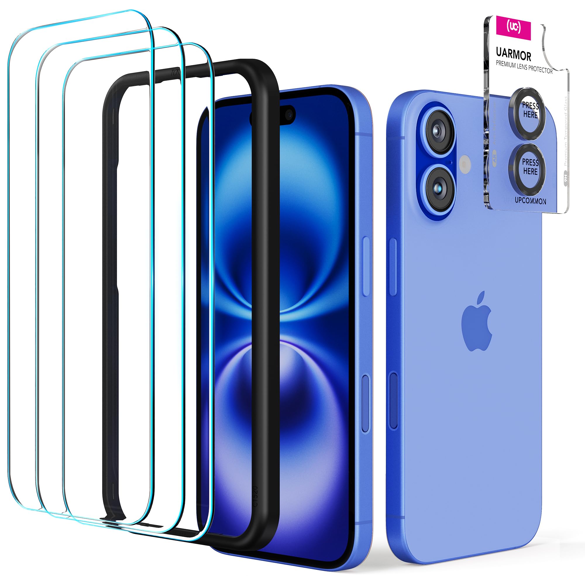 Upcommon UARMOR Glass 3 Pack Screen Protector & 1 Pack Camera Lens Protector for iPhone 16 (6.1 Inch) 9H Tempered Glass with Easy Installation Kits (Clear)