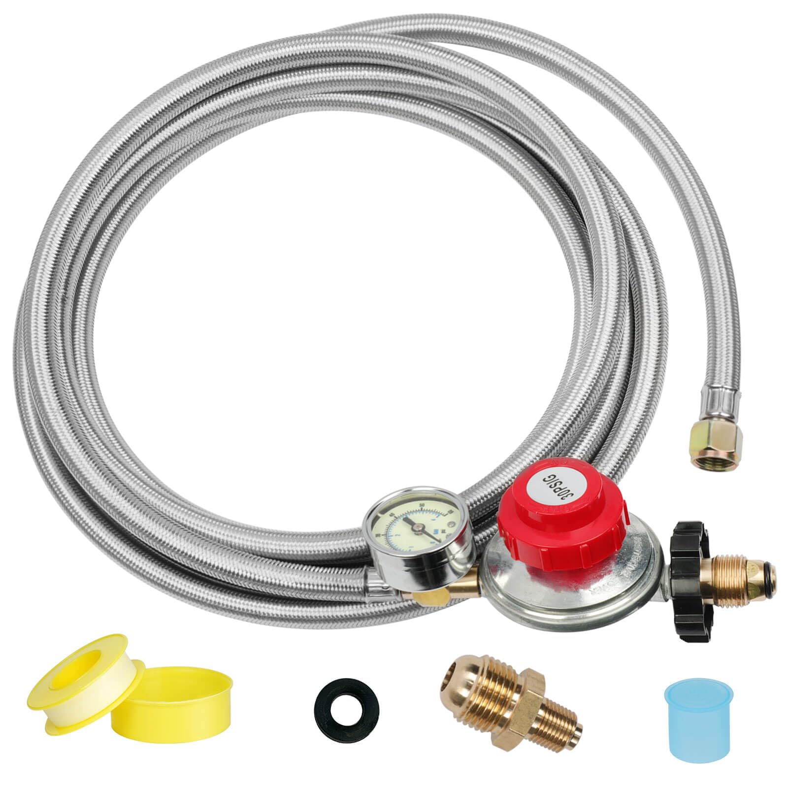 Amazon.com : Aekops 12 Foot high Pressure Adjustable Propane Regulator 0-30  psi with Gauge, Stainless Steel Braided Propane Hose with Regulator for  Burners, Fire Pit - 3/8” Female Flare u0026 POL Fitting :