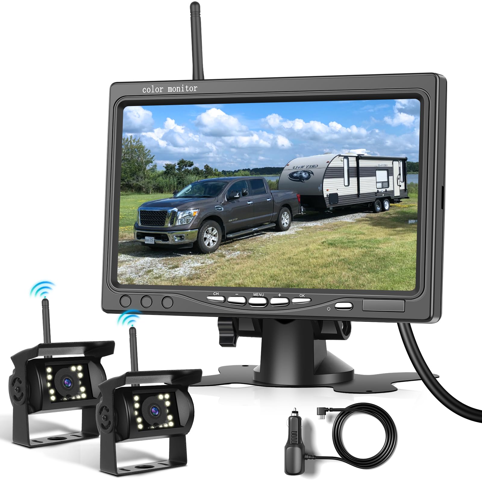 Kit de caméra arrière sans Fil HD 1080P, Moniteur LCD 7 Pouces avec 2 caméras de recul pour remorque, Camping-Car, Camion, Voiture, Bus, Lignes de Guidage DIY, IP68, Vision Nocturne, BSD, 12 V-36 V