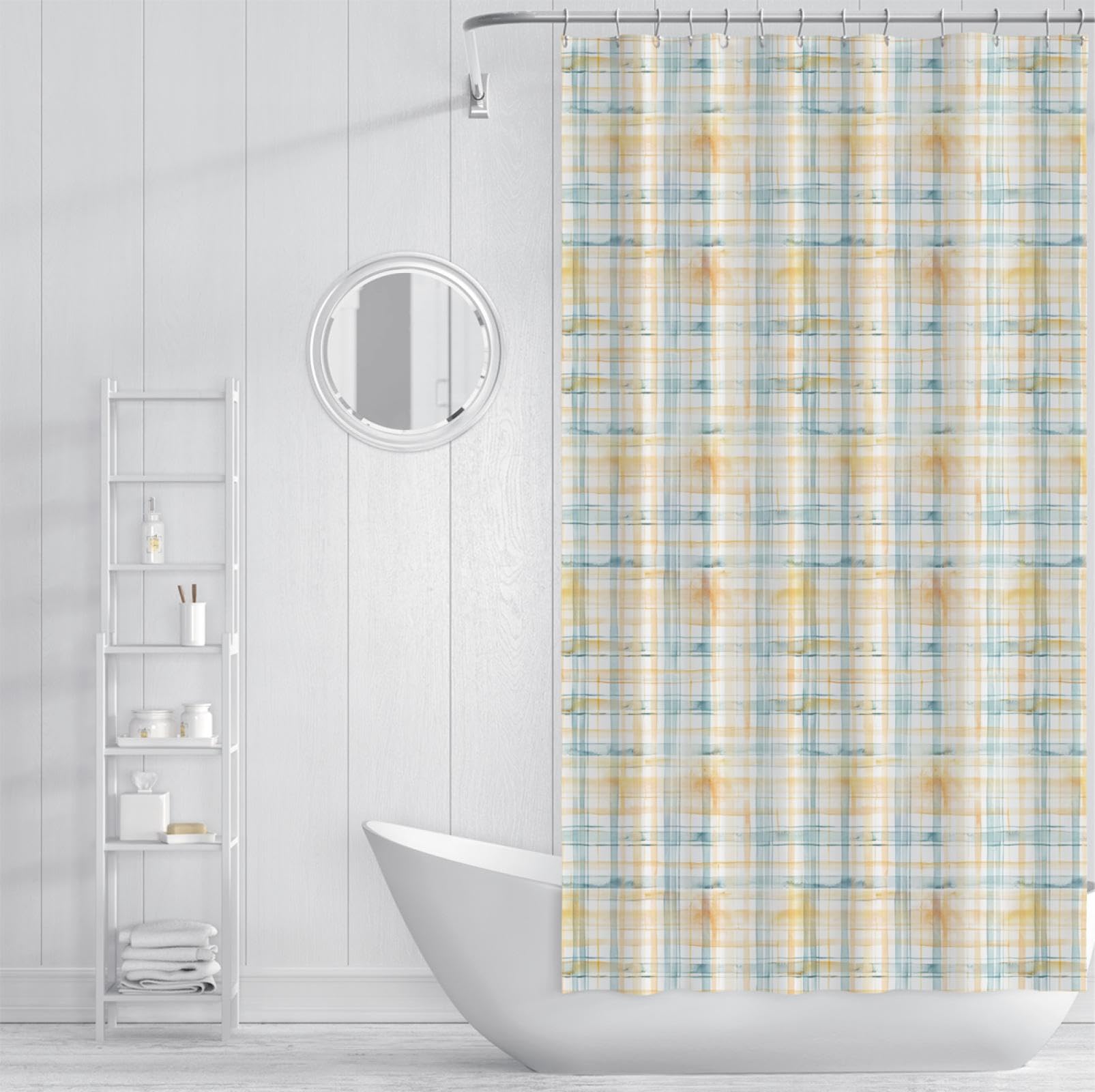 Cortina de Ducha con Patrón Geométrico de Cuadros Resistente a Las Arrugas Calidad Hotelera Clásica Cortina de Bañera Moderna para Baños Lavable 180Bx180Lcm