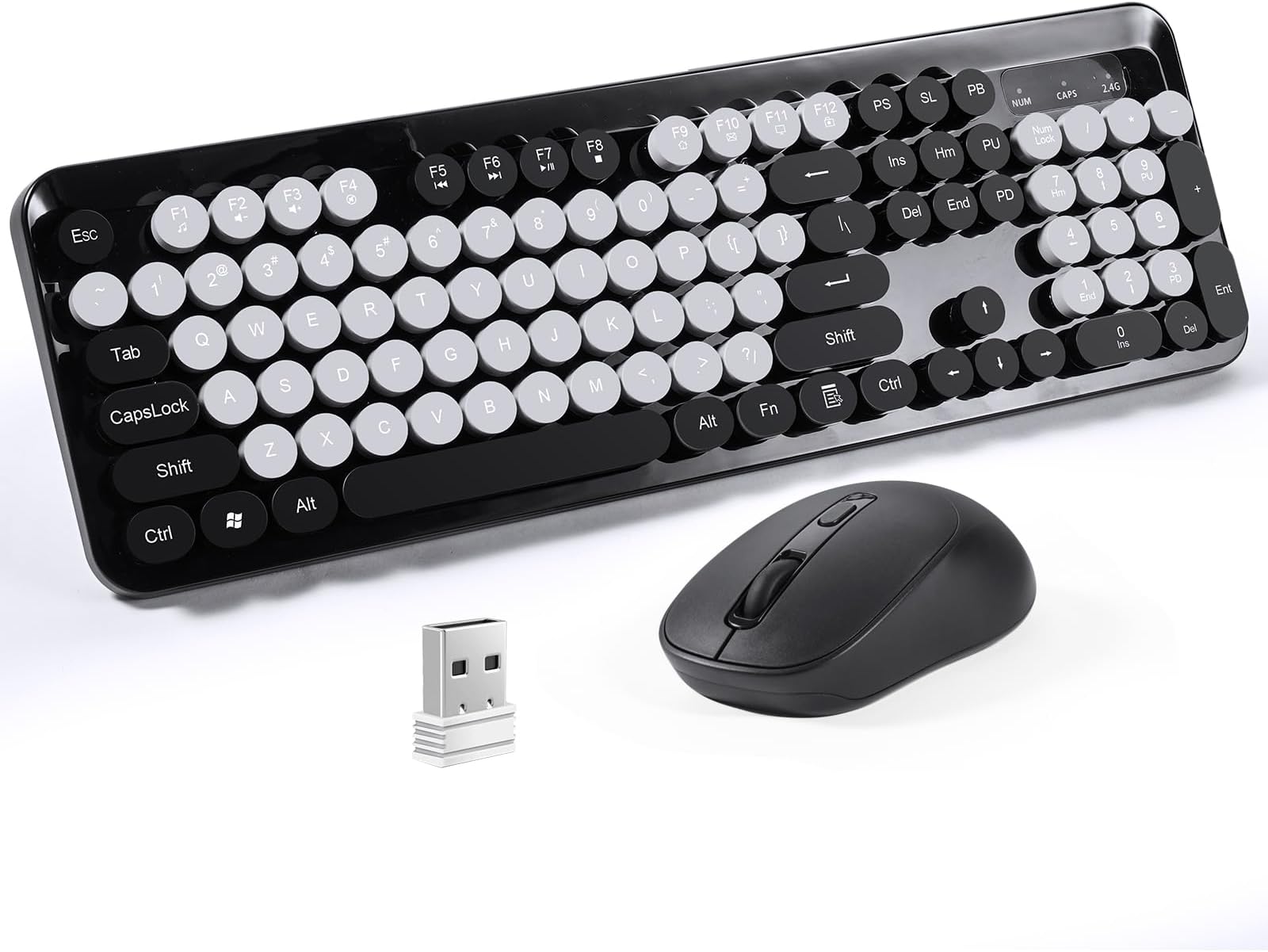 SOPPY Wireless Keyboard and Mouse Combo, 2.4GHz Retro Typewriter Keyboard, Round Keycaps, Full-Size Ergonomic, USB Receiver Plug and Play, Compatible with PC/Desktop/Laptop/Windows, US Layout, Black