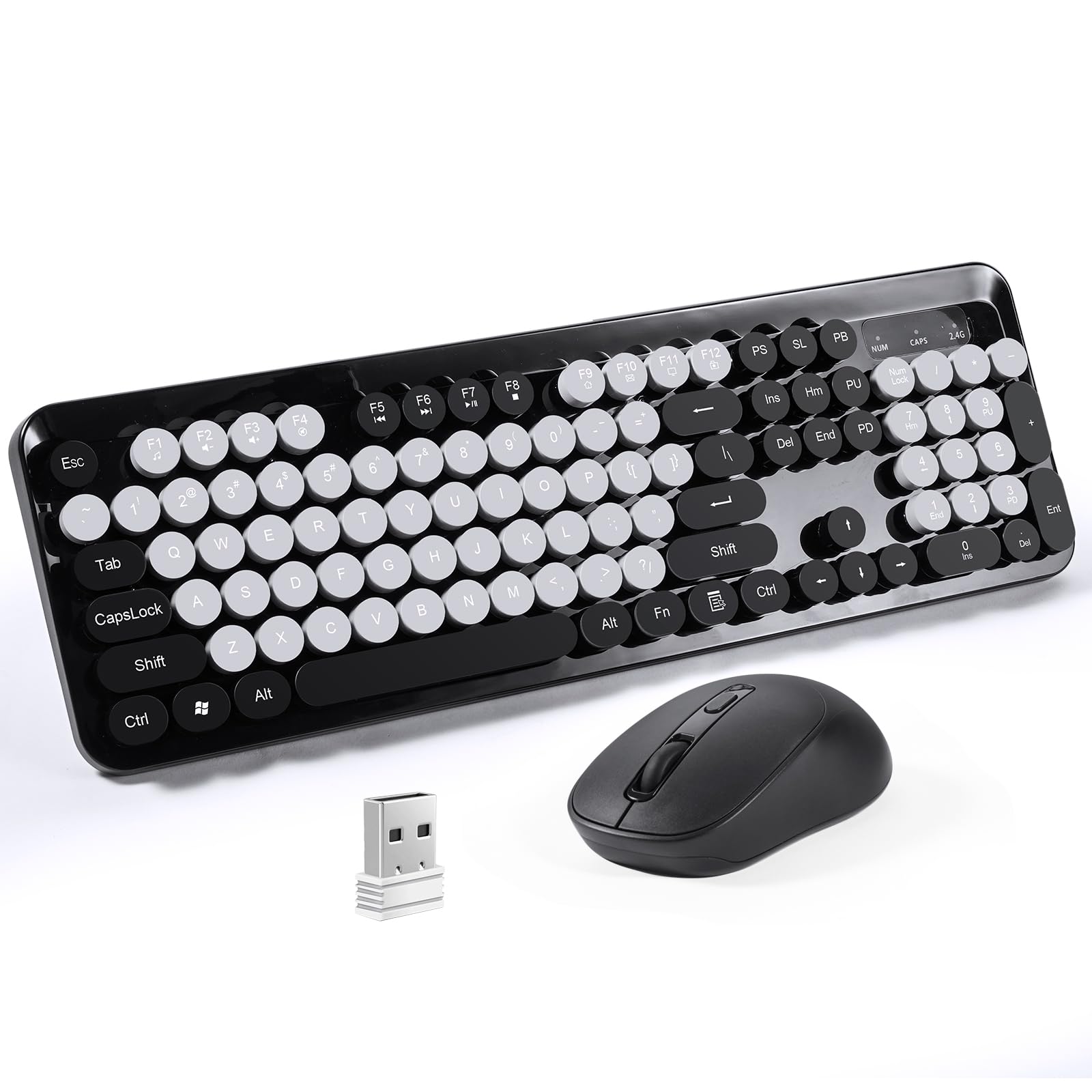 LAMA Tastatur Maus Set Kabellos, Retro runde Schreibmaschine Tastatur mit 104 Tasten & Ziffernblock, USB-Empfänger, 2,4 GHz Retro-Rundtasten für Windows PC Laptop, Plug & Play(UK QWERTY),Schwarz
