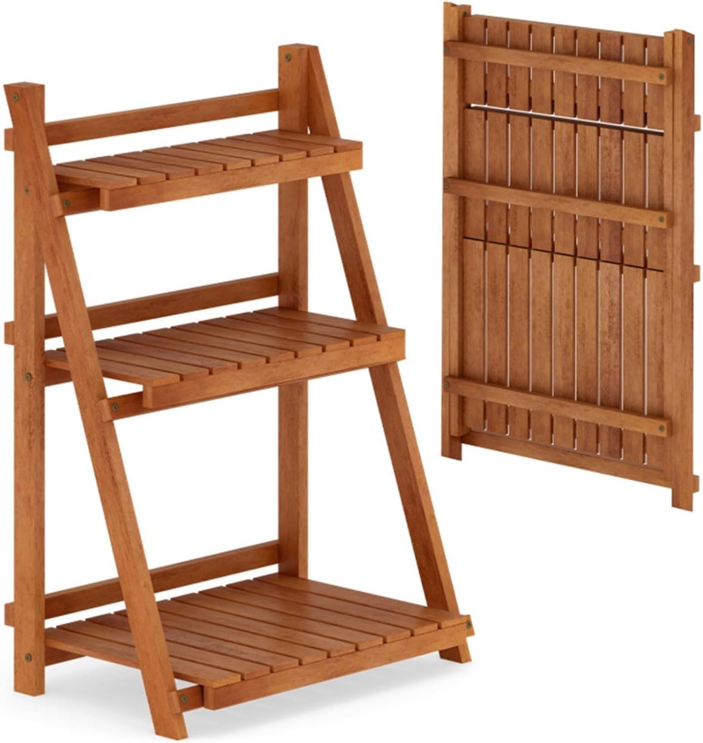 Acacia wood three-layer ladder plant rack, foldable indoor and outdoor display rack