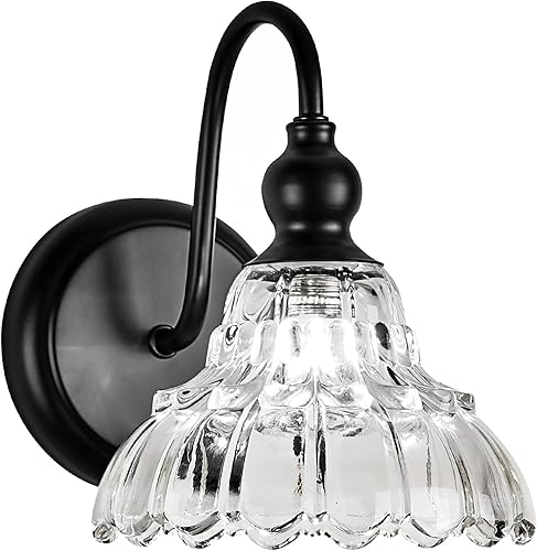 Moderno aplique de pared negro mini lámpara de pared hecha de cuerpo de metal y vidrio estampado prensado retro luz de tocador para dormitorio,