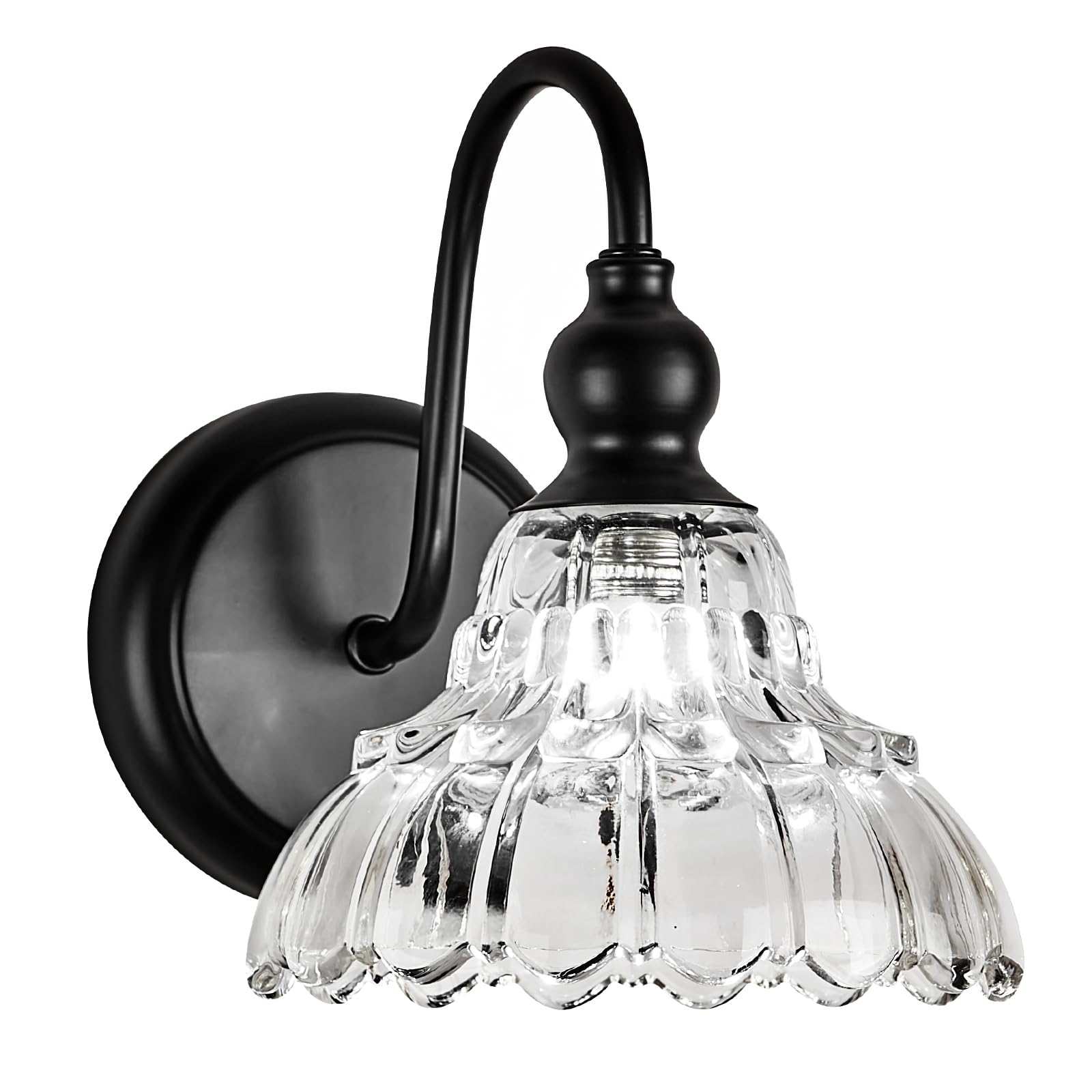 Modern Black Wall Sconce Mini Wall Light Made of Metal Body and Pressed Patterned Glass Retro Vanity Light for Bedroom, Bathroom, Doorway, Farmhouse