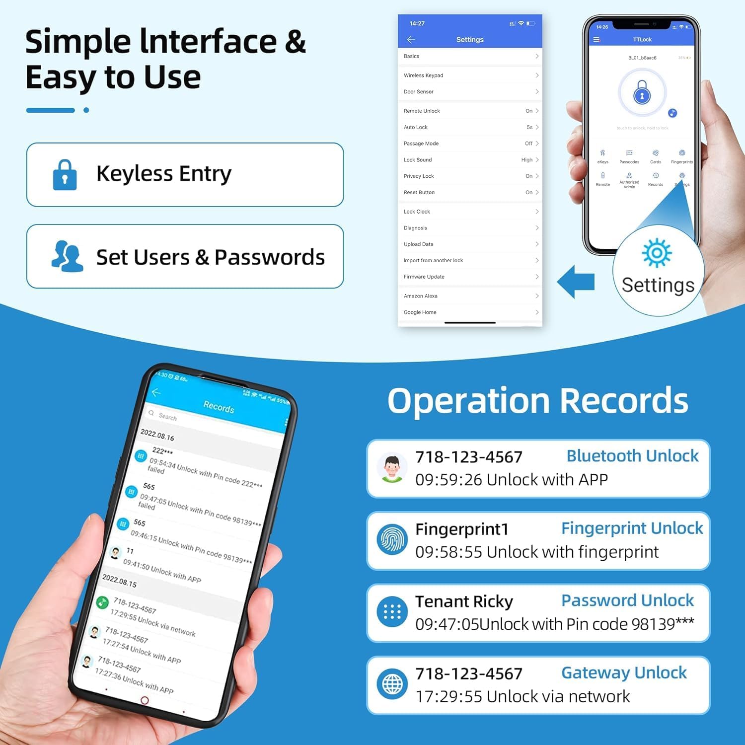 Screenshots of the TT Lock app interface showing settings and operation records