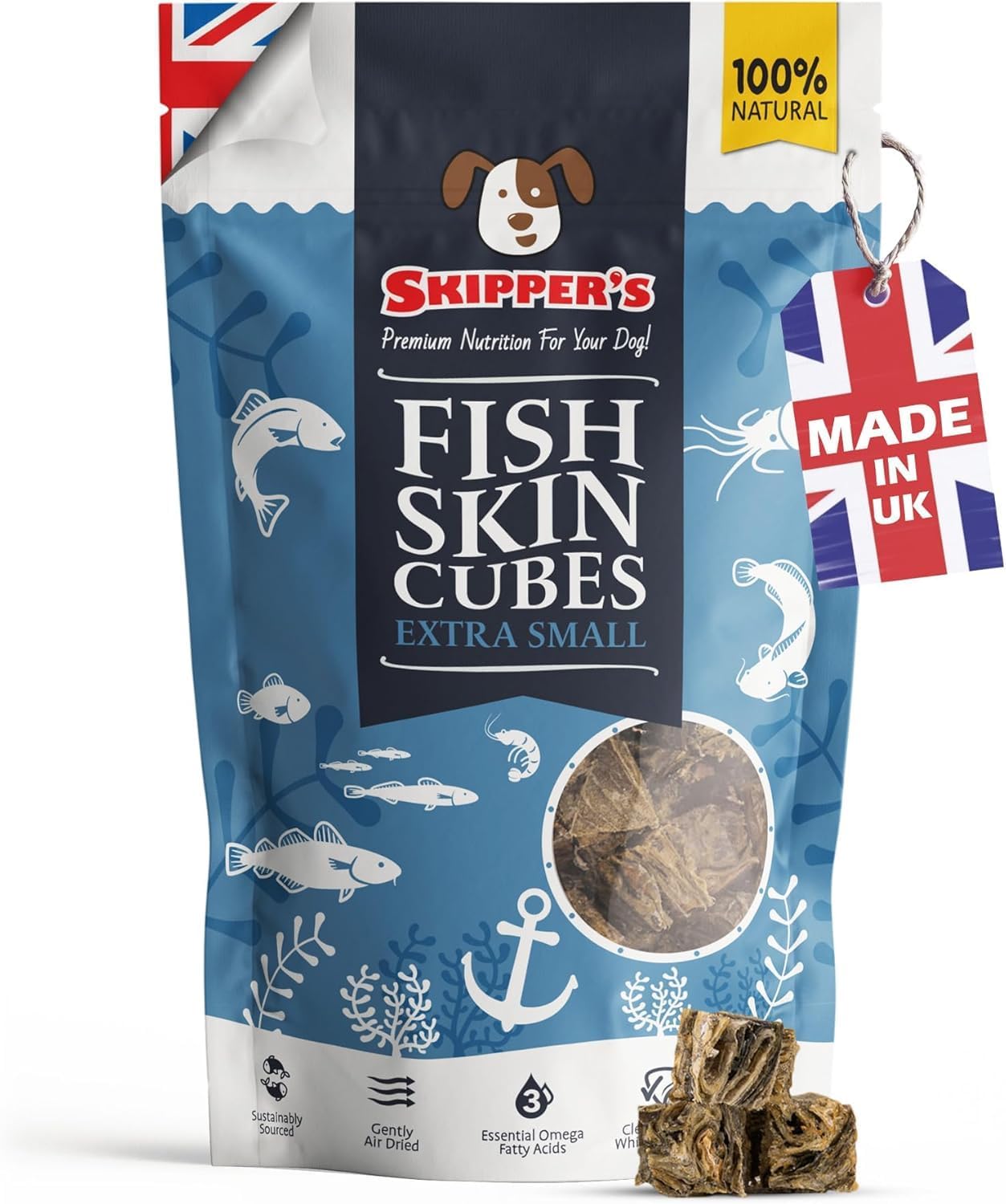 SKIPPER'S Fish Skin Jerky Cubes - Gently Air Dried Long Lasting Natural Dog Chews, High in Protein & Low Fat Healthy Treat for Dogs, Essential Omega 3 Oils | Great for Teeth (Extra Small, 250g) โ image 1
